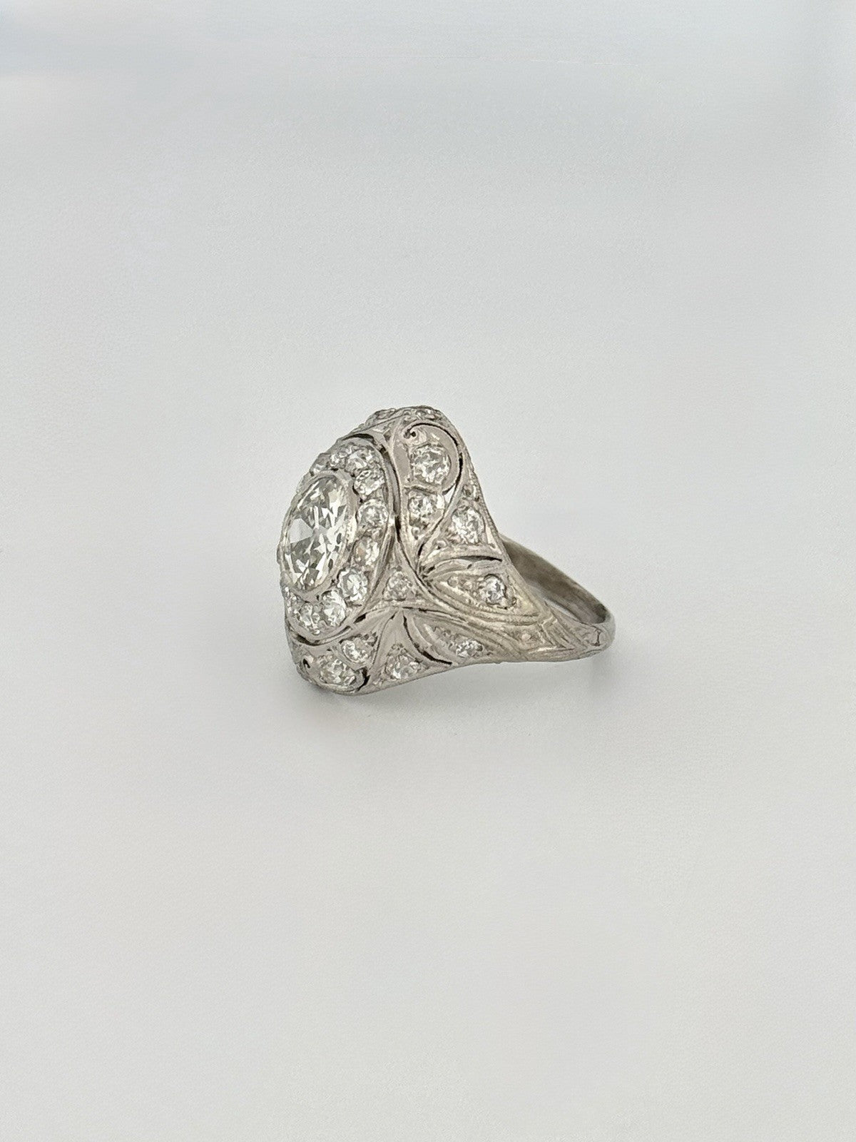 Antique Art Deco Platinum & Natural Old European Cut Diamond Dome Ring Size 4.5