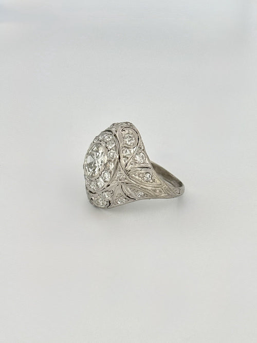 Antique Art Deco Platinum & Natural Old European Cut Diamond Dome Ring Size 4.5