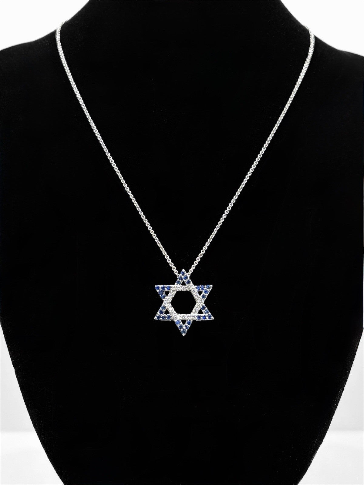14K White Gold Star of David Pendant Lab Diamond & Blue Sapphire 1/2 CTW