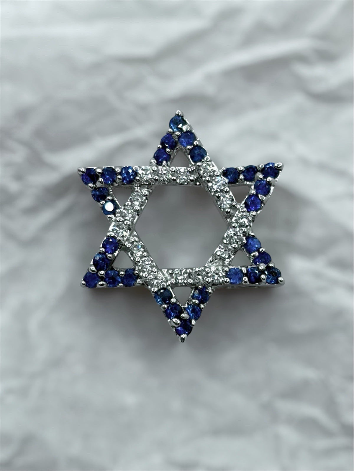 14K White Gold Star of David Pendant Lab Diamond & Blue Sapphire 1/2 CTW