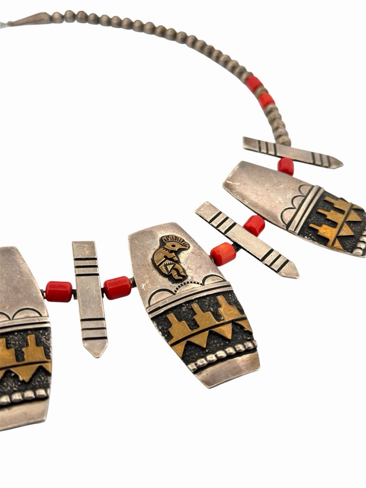 Vintage Thomas Singer Navajo Sterling Silver Coral Kokopelli Necklace 17.5”