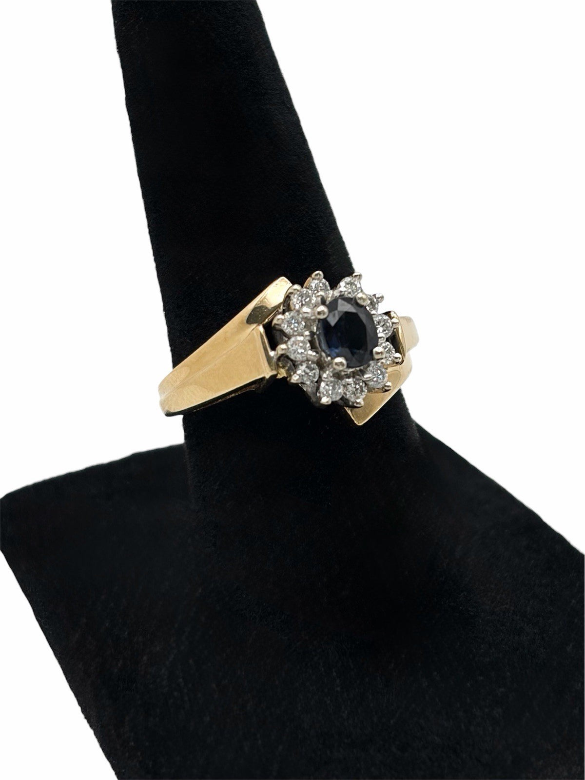 14K Yellow Gold Natural Blue Sapphire & Diamond Halo Ring Size 6 Estate