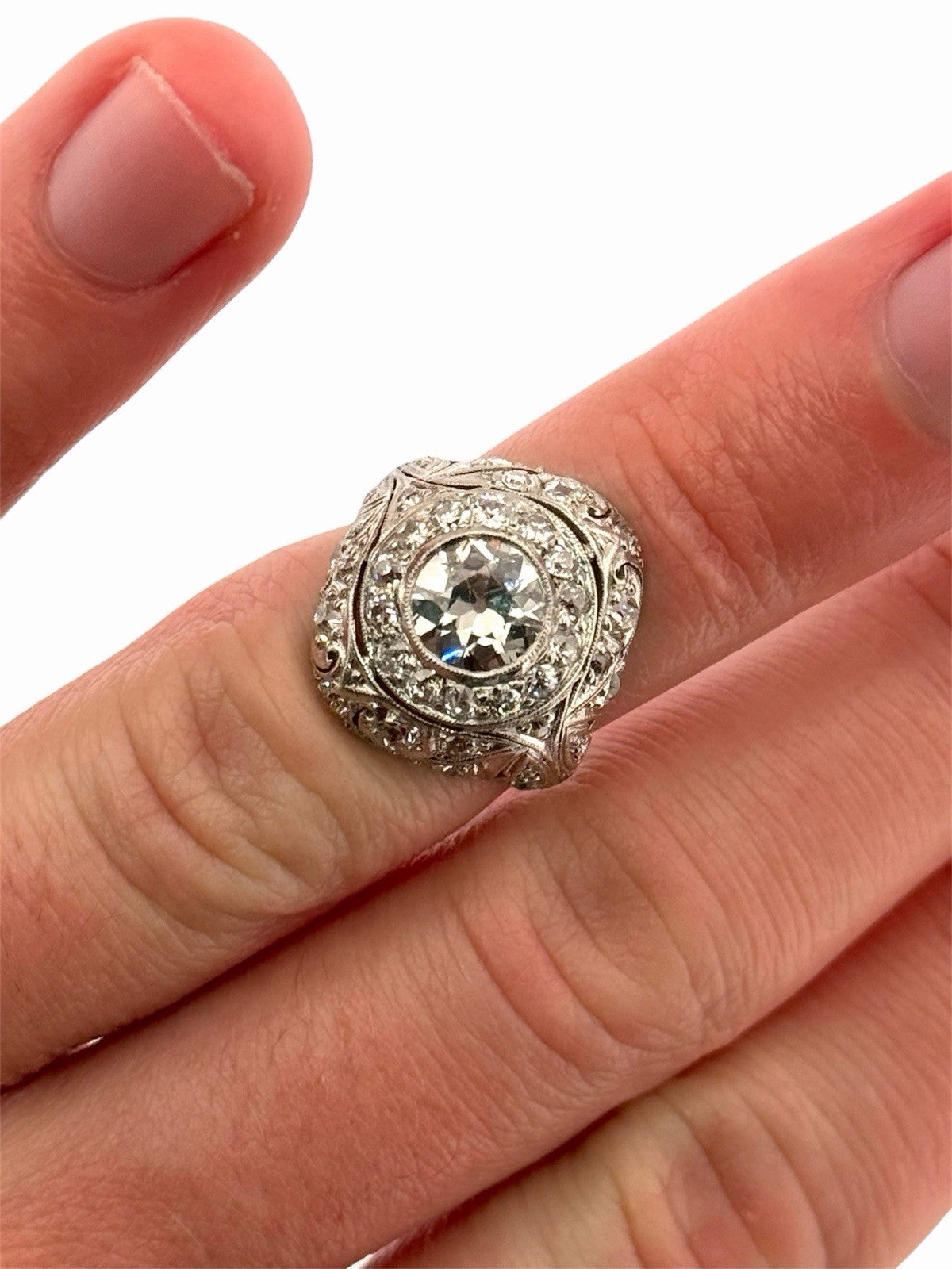 Antique Art Deco Platinum & Natural Old European Cut Diamond Dome Ring Size 4.5