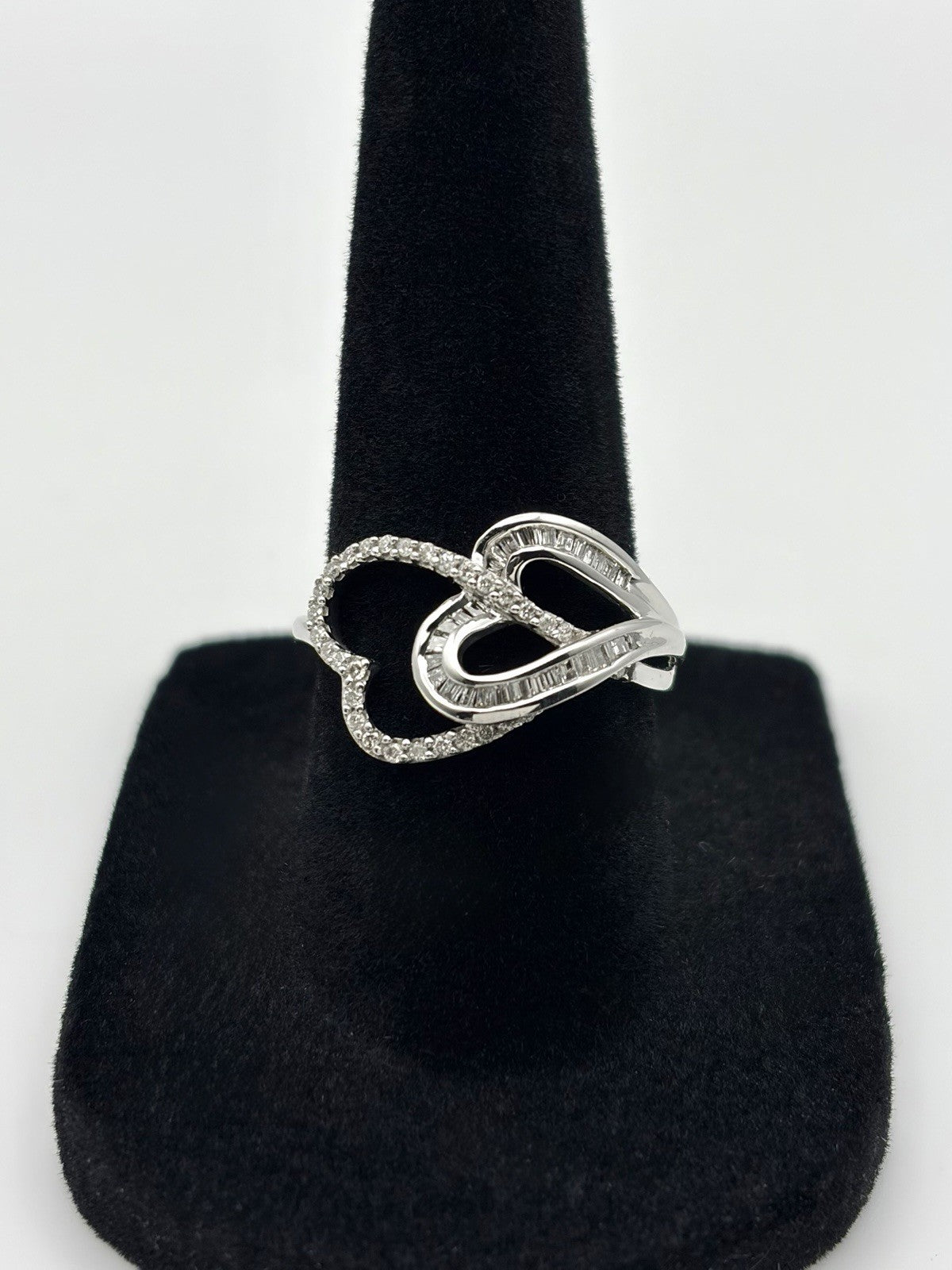 10K White Gold Natural Baguette & Round Diamond Double Open Heart Ring Size 7