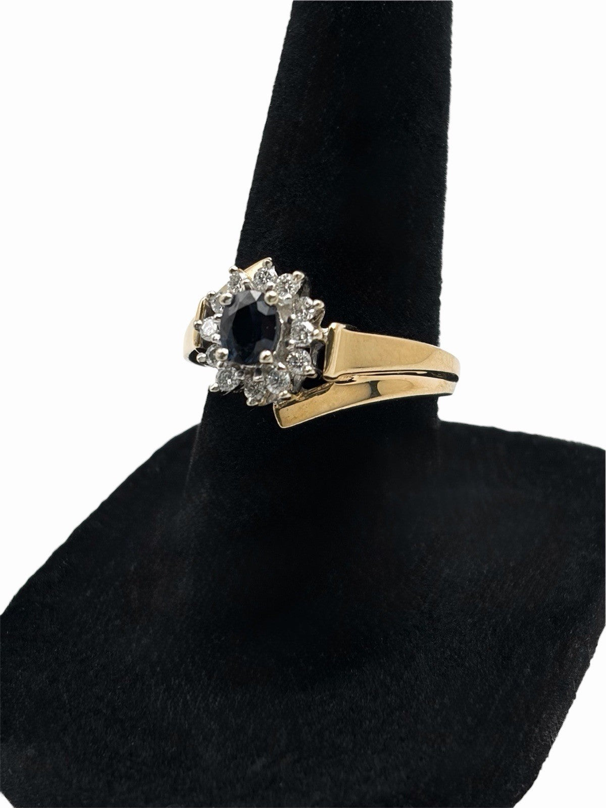 14K Yellow Gold Natural Blue Sapphire & Diamond Halo Ring Size 6 Estate