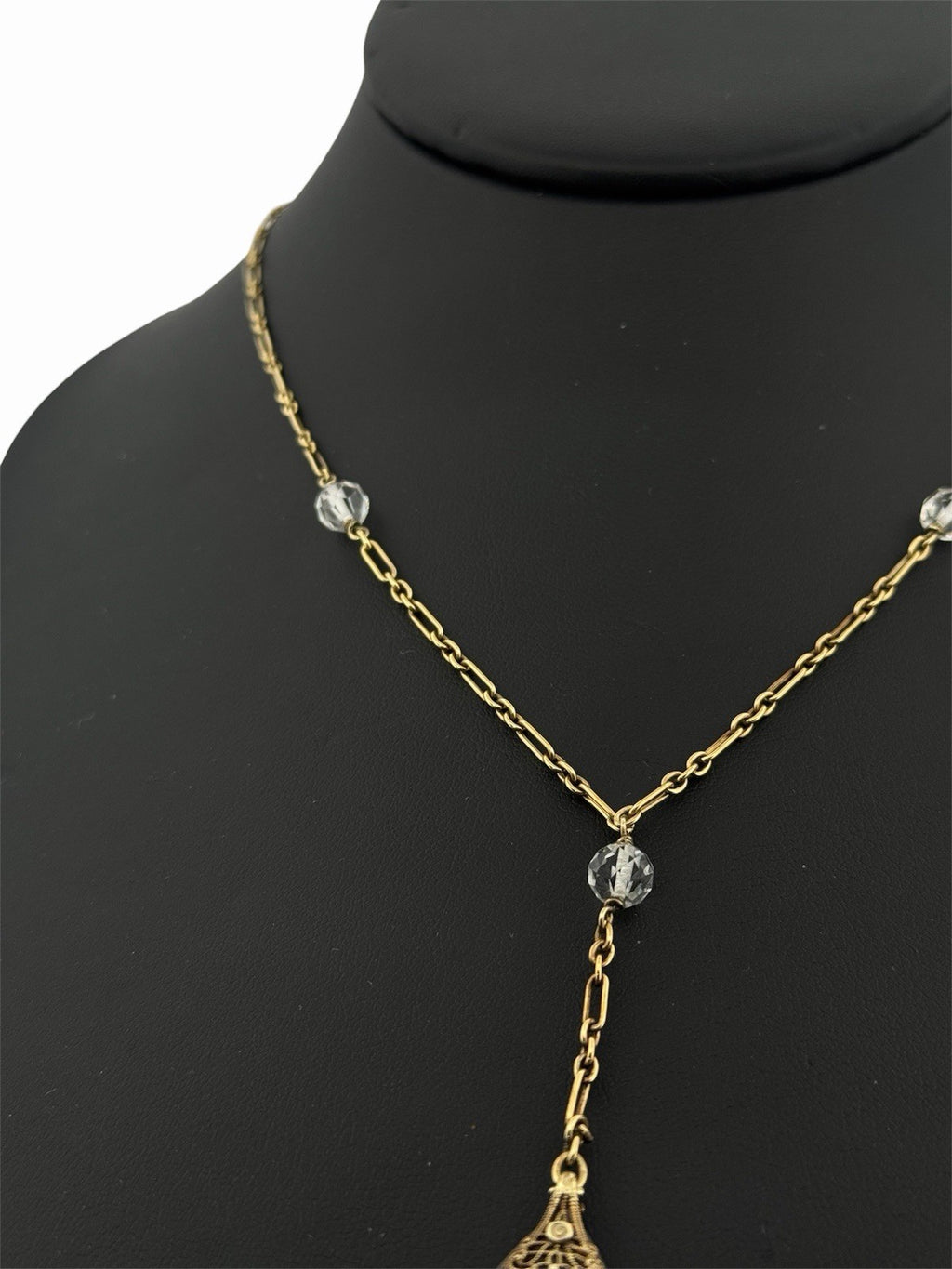 Antique Art Deco 14K Gold Rock Crystal Y Drop Lariat Necklace 18.5” c.1930