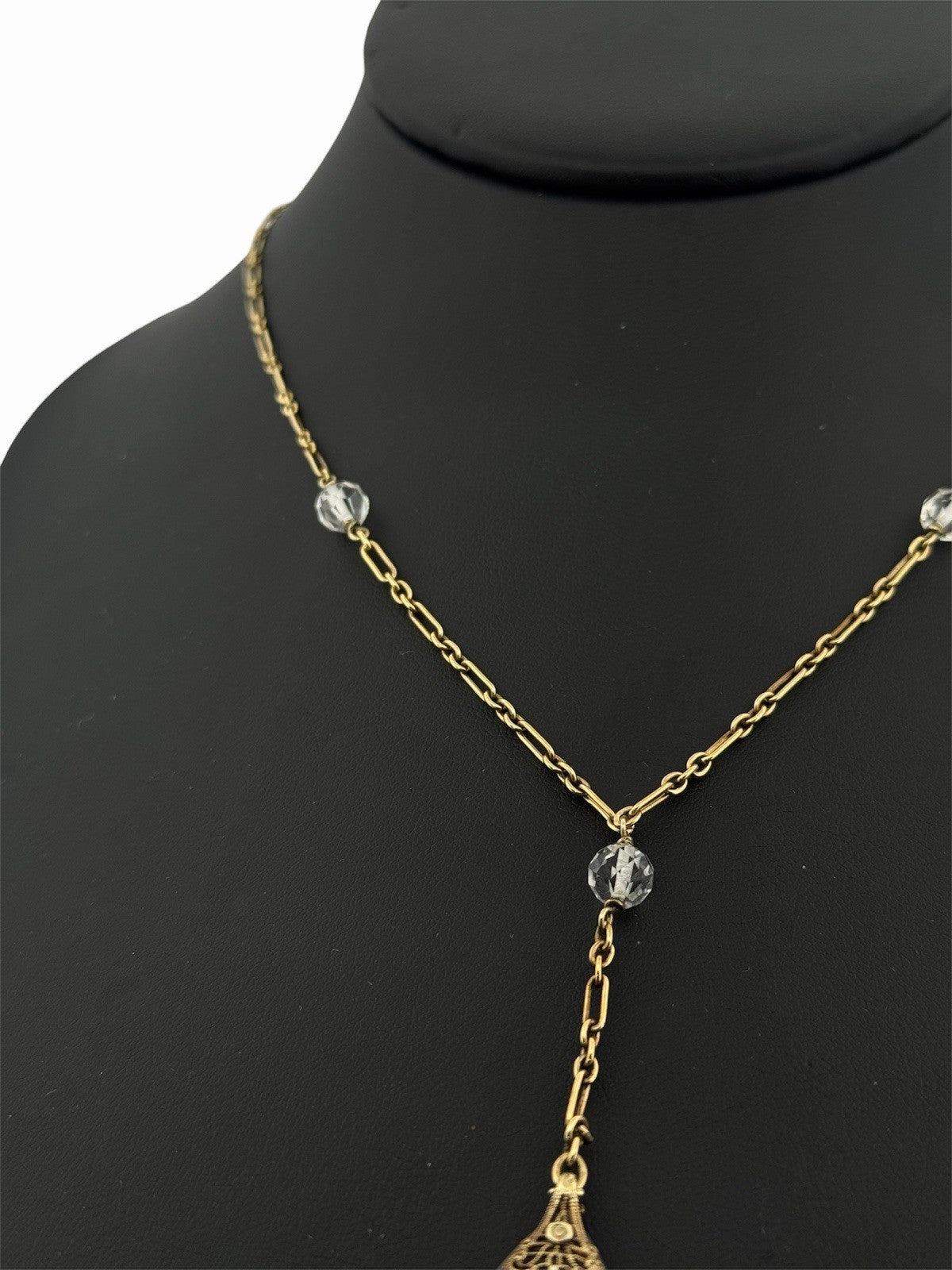 Antique Art Deco 14K Gold Rock Crystal Y Drop Lariat Necklace 18.5” c.1930