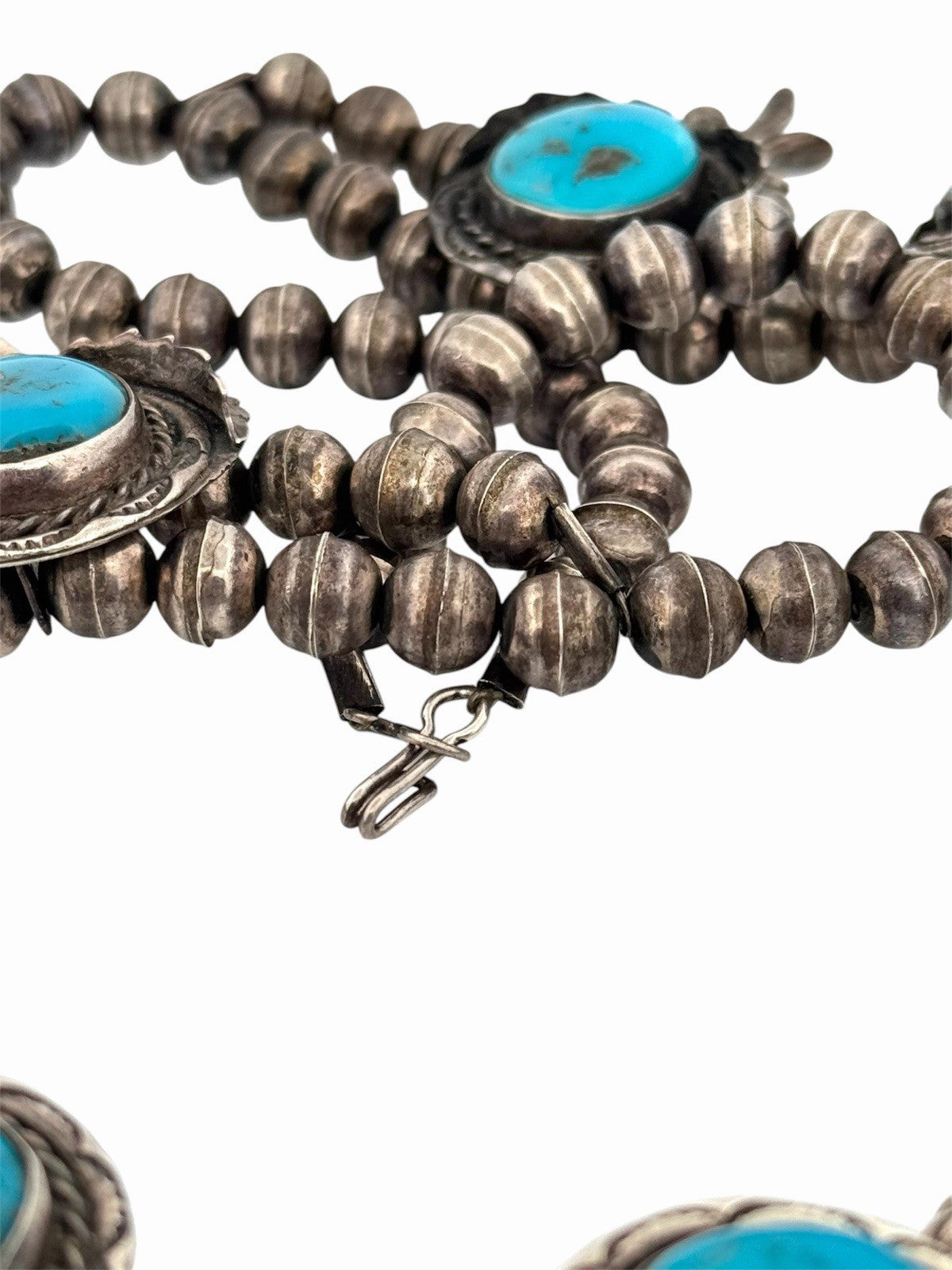 Vintage Navajo Sterling Silver 925 Natural Turquoise Squash Blossom Necklace 28”