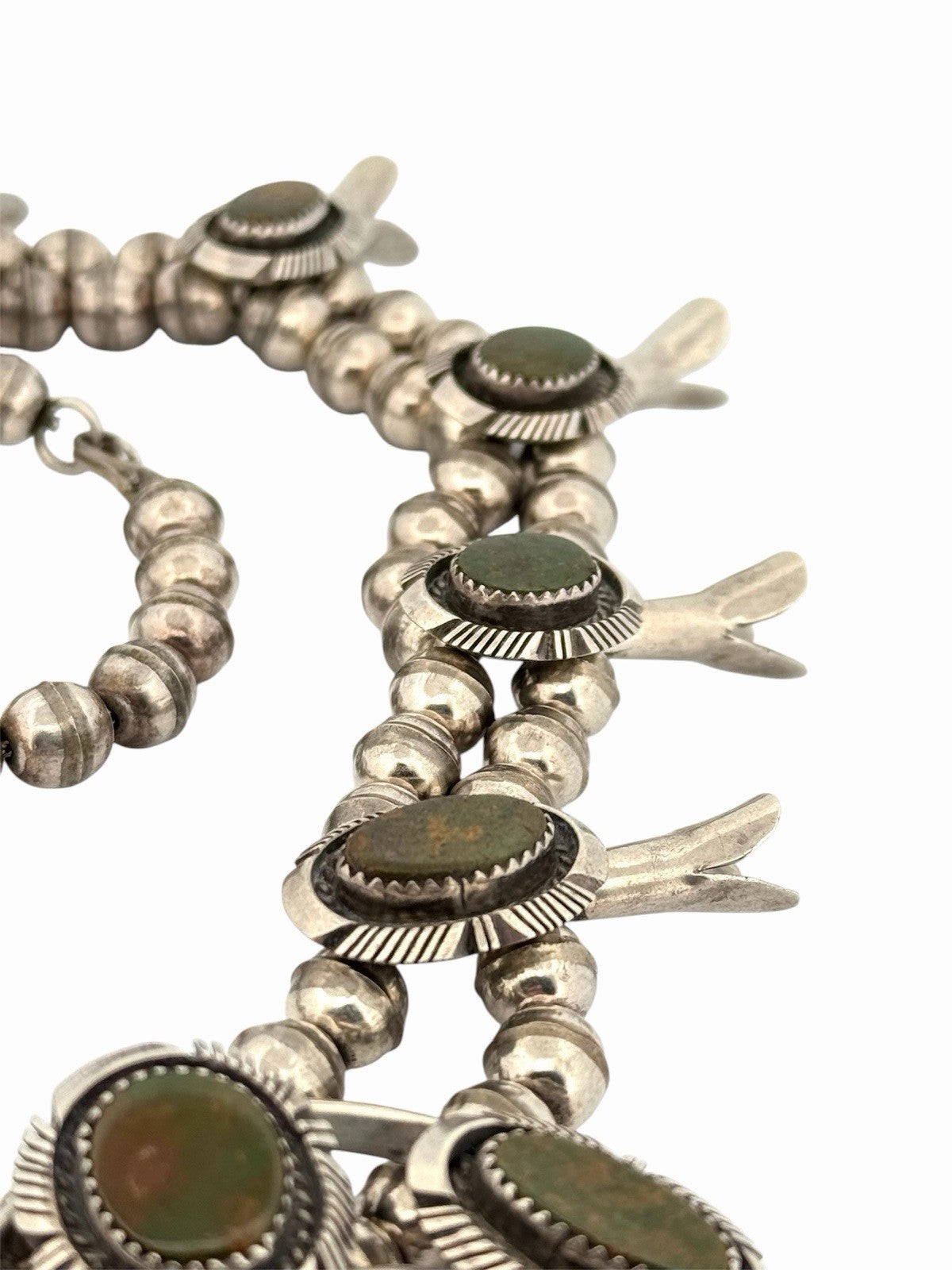 Vintage Navajo Sterling Silver Green Turquoise Squash Blossom Necklace 28”