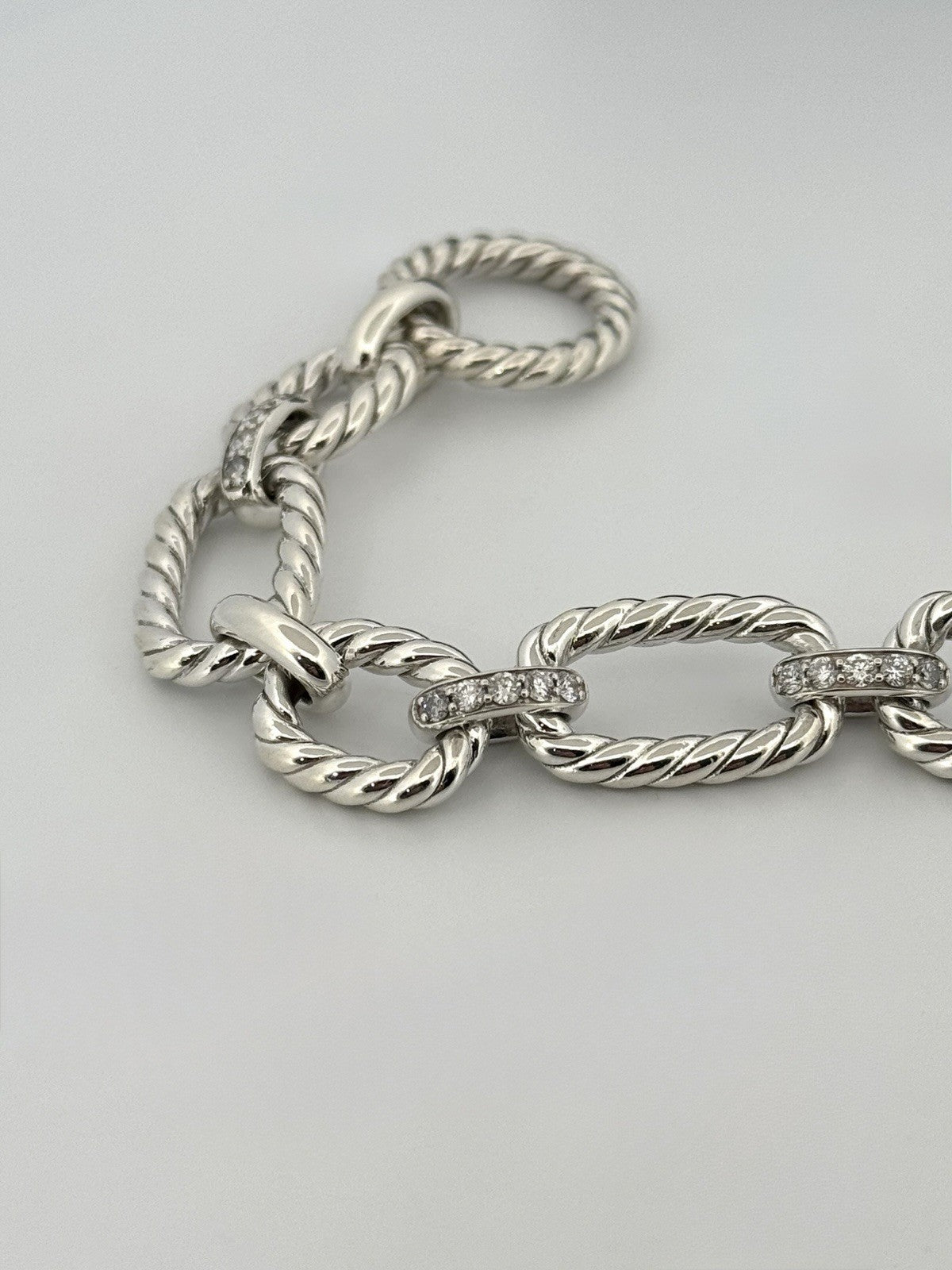 David Yurman Diamond Cushion Link Bracelet 925 Sterling Silver 8in w/ Pouch