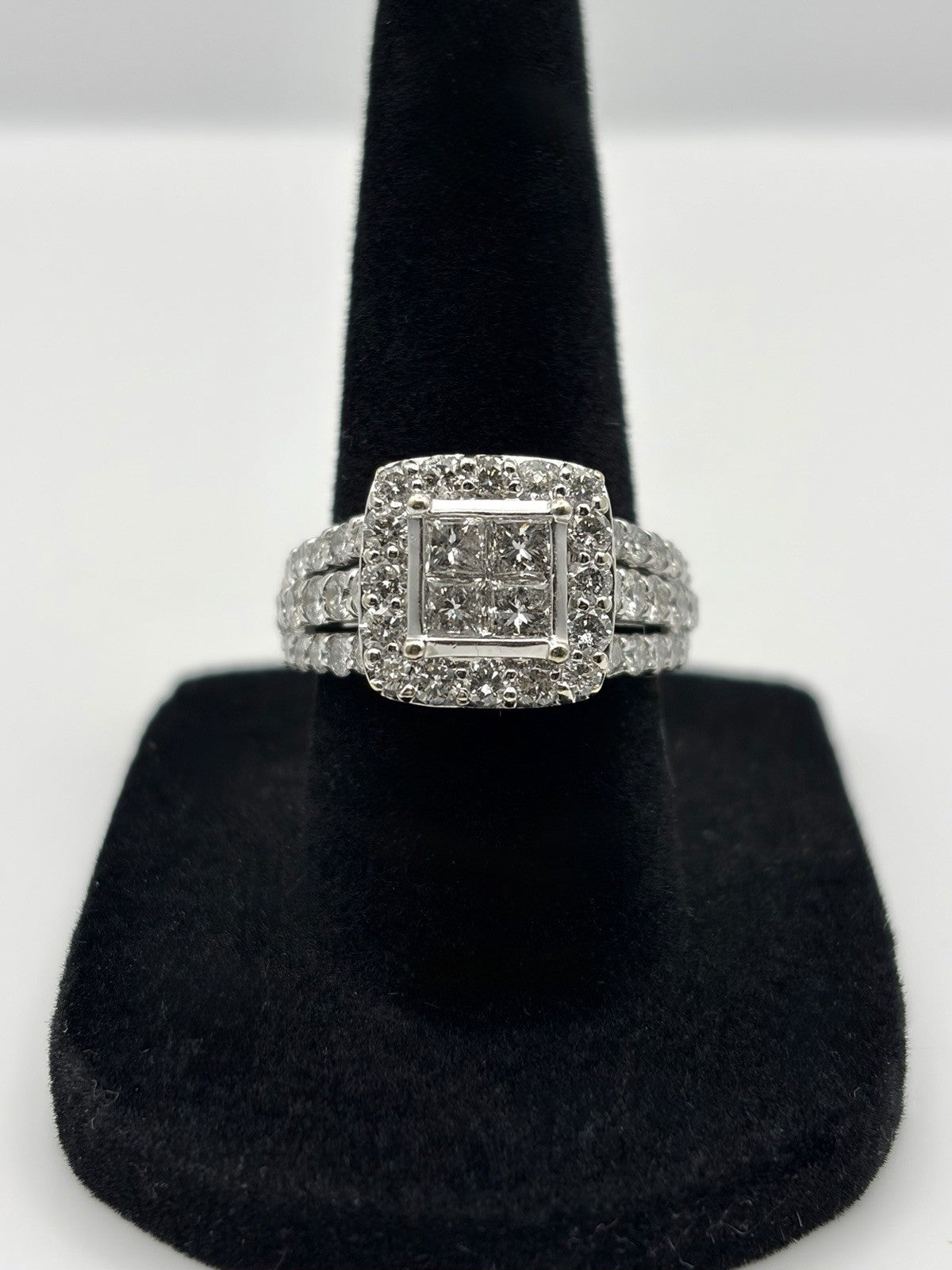 14K White Gold Natural Diamond Princess Cut Halo 3-Row Band 2ctw Ring Size 7