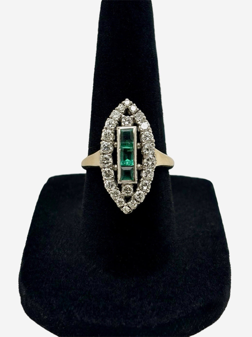 Vintage 14K Gold Platinum Natural Diamond & Emerald Art Deco Navette Ring Sz 6.5