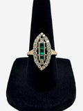 Vintage 14K Gold Platinum Natural Diamond & Emerald Art Deco Navette Ring Sz 6.5