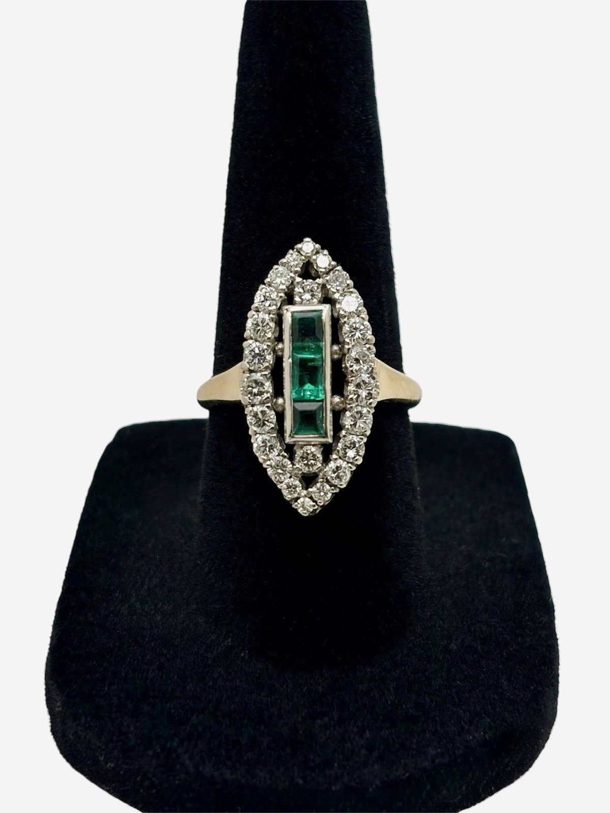 Vintage 14K Gold Platinum Natural Diamond & Emerald Art Deco Navette Ring Sz 6.5