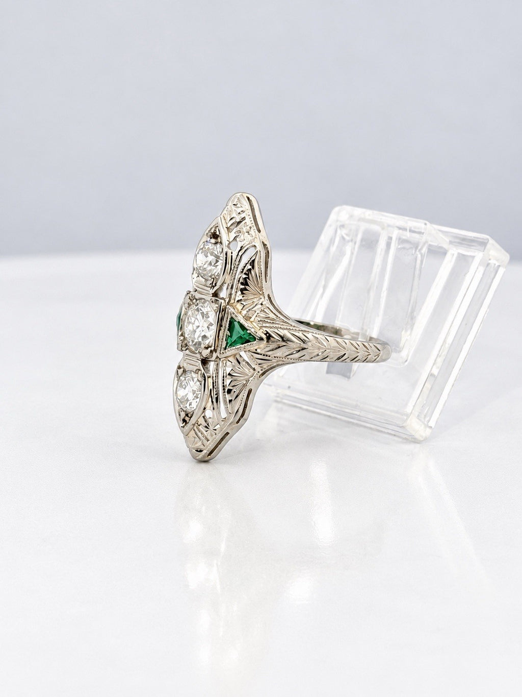 Antique Art Deco 20K White Gold Euro-Cut Diamond & Emerald Navette Ring Size 5.5