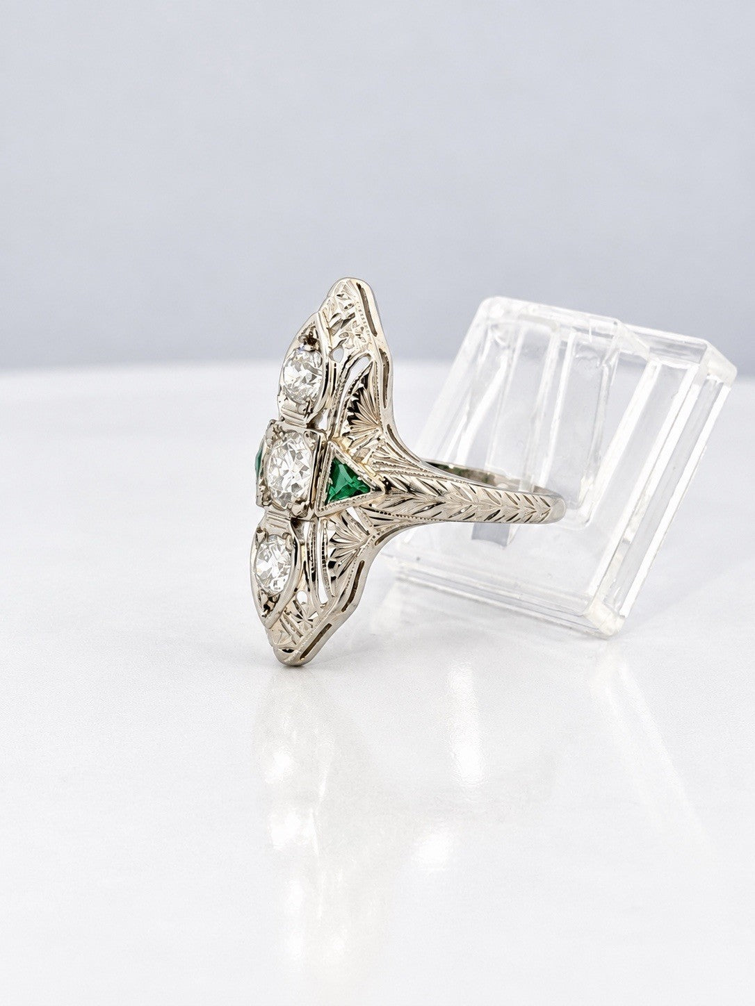 Antique Art Deco 20K White Gold Euro-Cut Diamond & Emerald Navette Ring Size 5.5