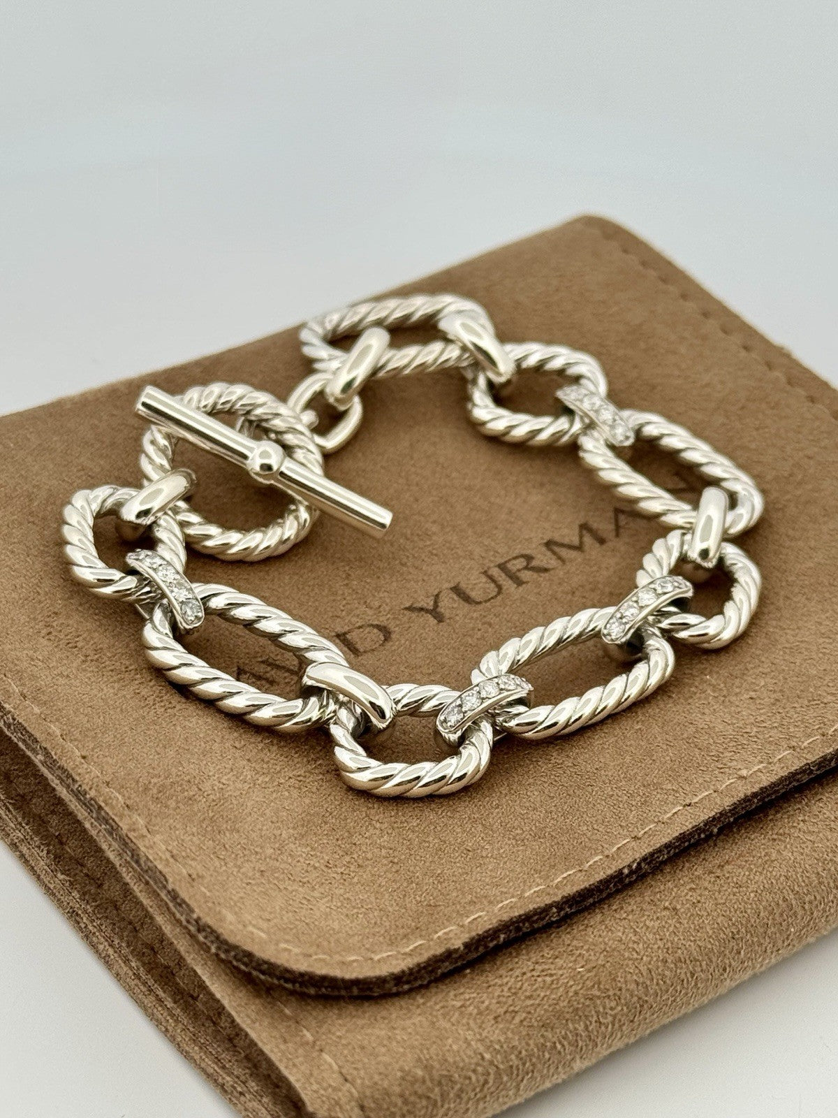 David Yurman Diamond Cushion Link Bracelet 925 Sterling Silver 8in w/ Pouch