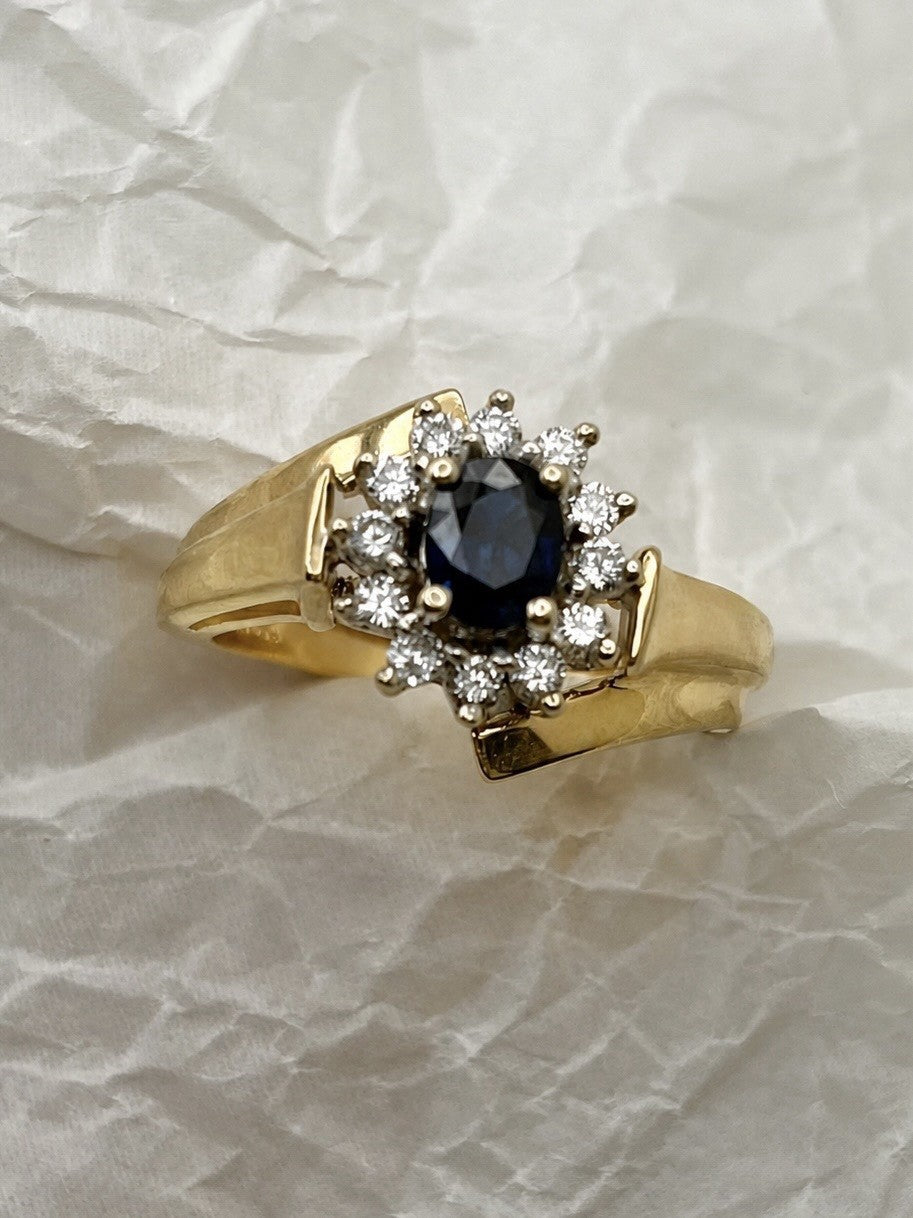 14K Yellow Gold Natural Blue Sapphire & Diamond Halo Ring Size 6 Estate