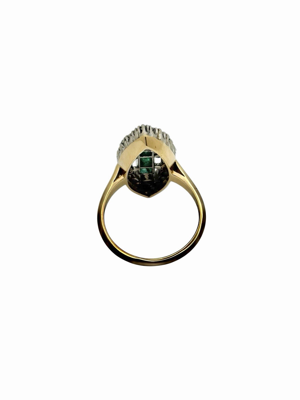 Vintage 14K Gold Platinum Natural Diamond & Emerald Art Deco Navette Ring Sz 6.5