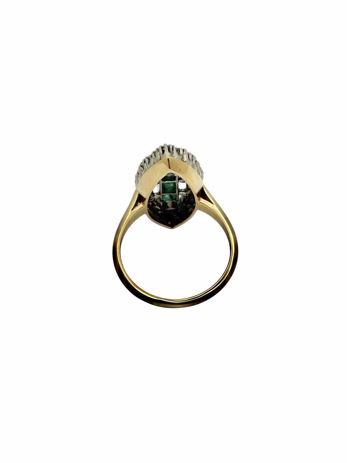 Vintage 14K Gold Platinum Natural Diamond & Emerald Art Deco Navette Ring Sz 6.5