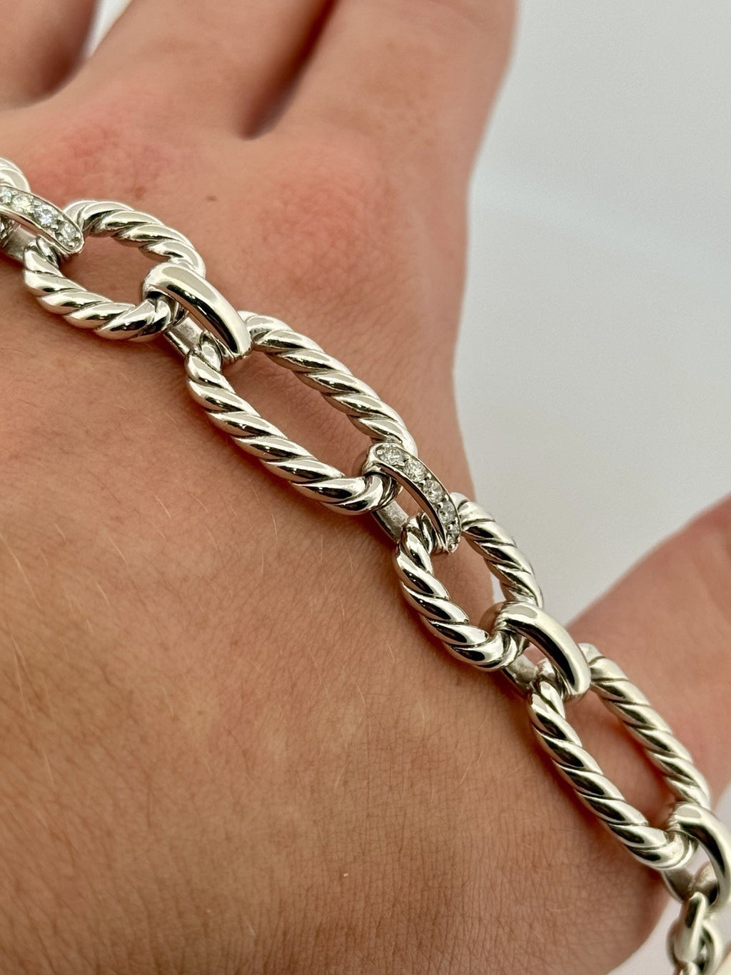 David Yurman Diamond Cushion Link Bracelet 925 Sterling Silver 8in w/ Pouch