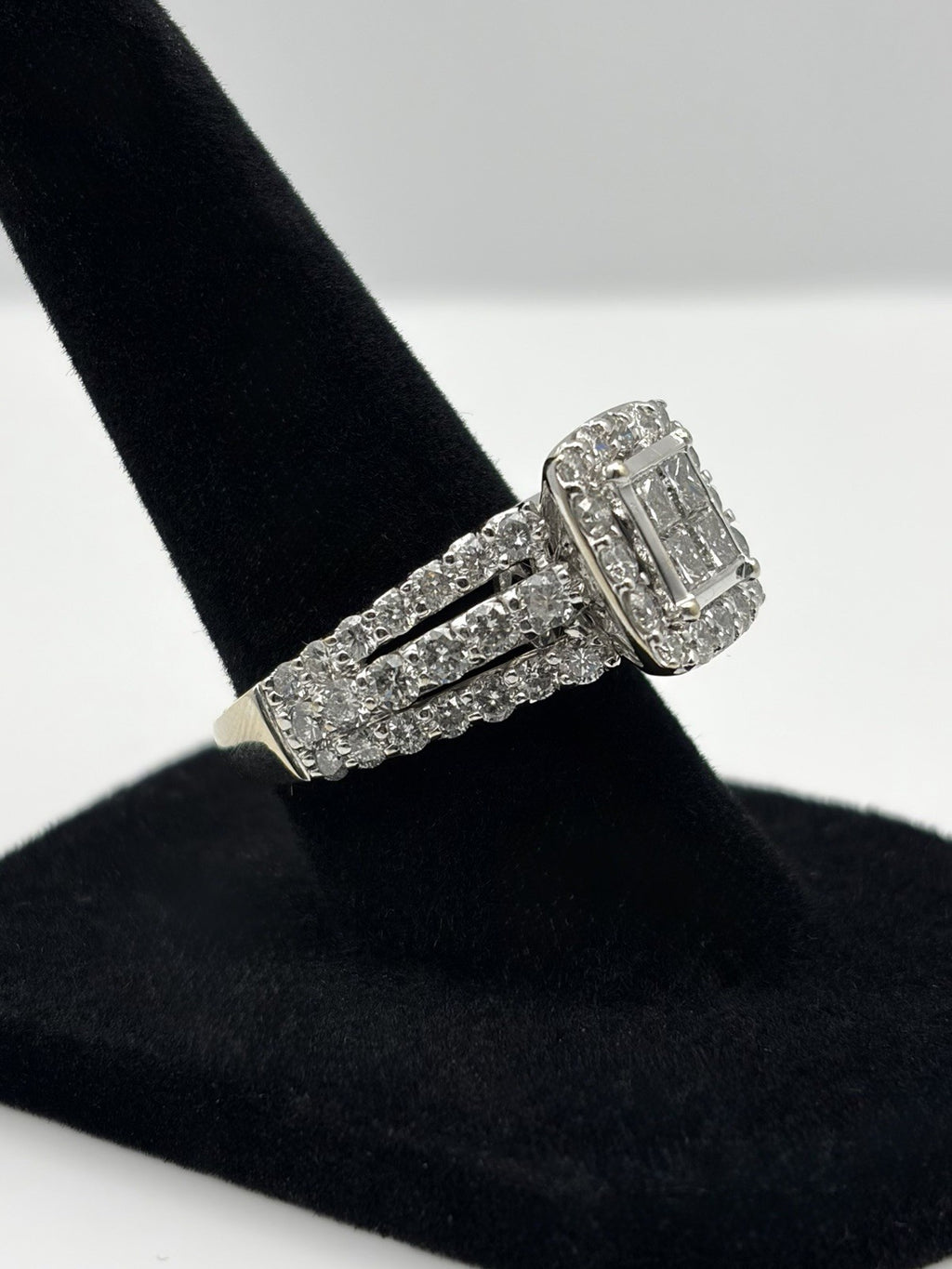 14K White Gold Natural Diamond Princess Cut Halo 3-Row Band 2ctw Ring Size 7
