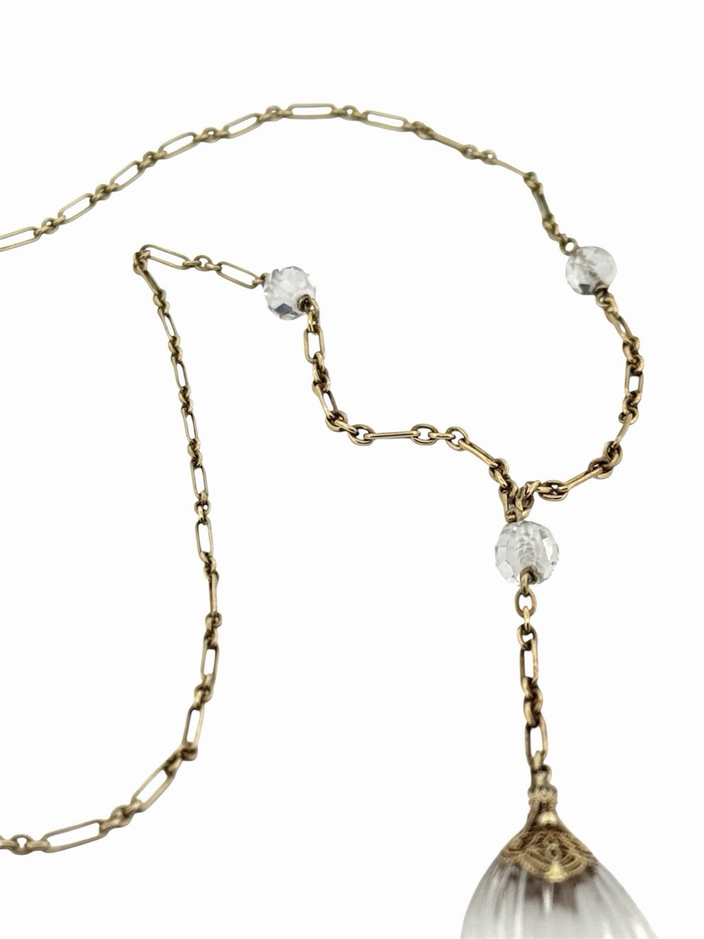 Antique Art Deco 14K Gold Rock Crystal Y Drop Lariat Necklace 18.5” c.1930