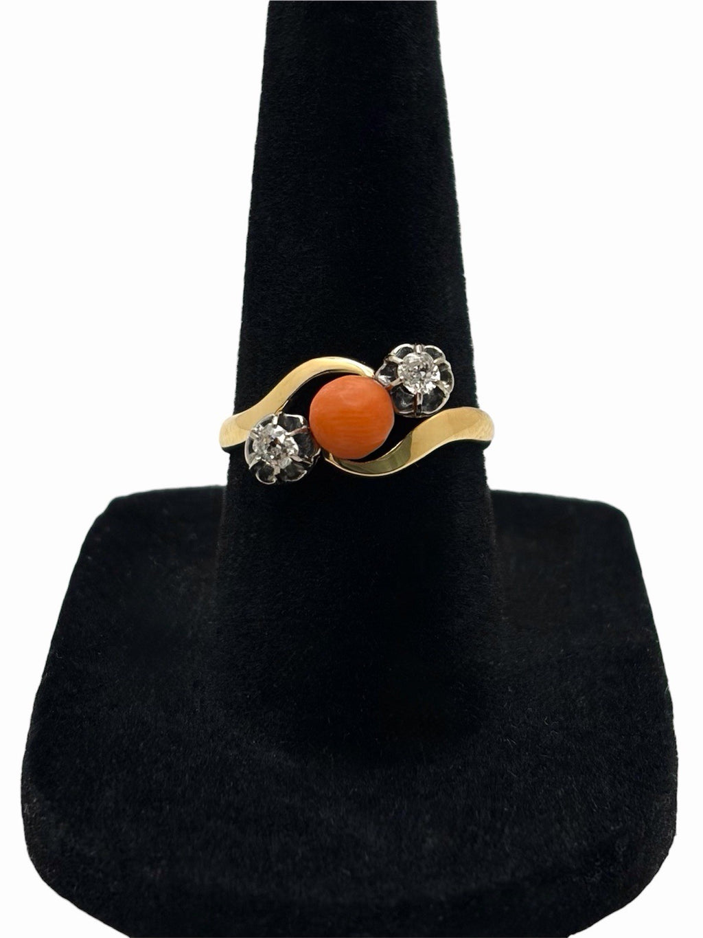 Antique Edwardian 18K Gold Natural Coral & Old Mine Cut Diamond Bypass Ring 6.75