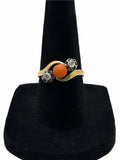 Antique Edwardian 18K Gold Natural Coral & Old Mine Cut Diamond Bypass Ring 6.75