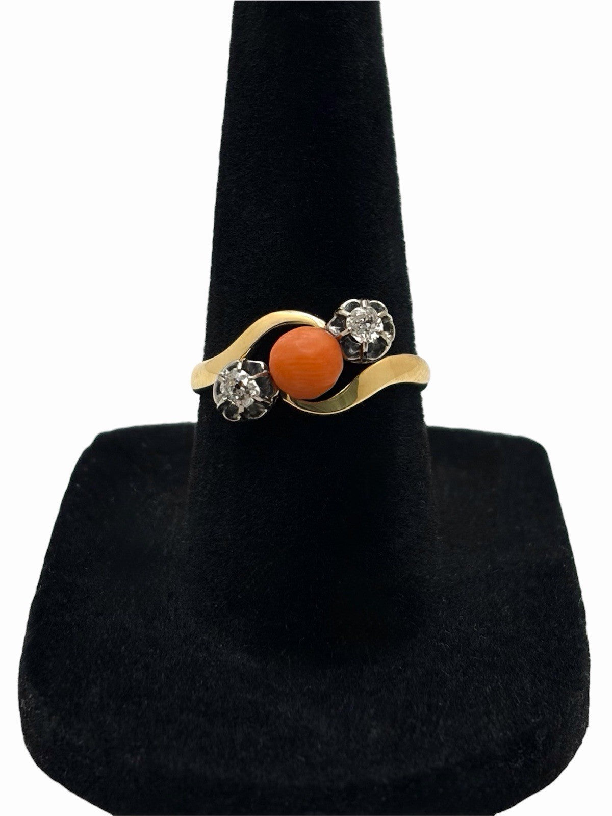 Antique Edwardian 18K Gold Natural Coral & Old Mine Cut Diamond Bypass Ring 6.75
