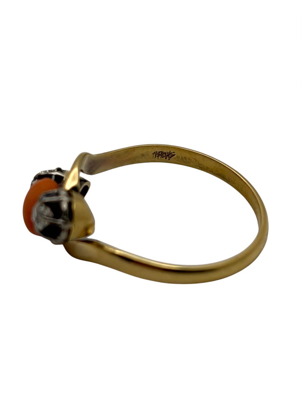 Antique Edwardian 18K Gold Natural Coral & Old Mine Cut Diamond Bypass Ring 6.75