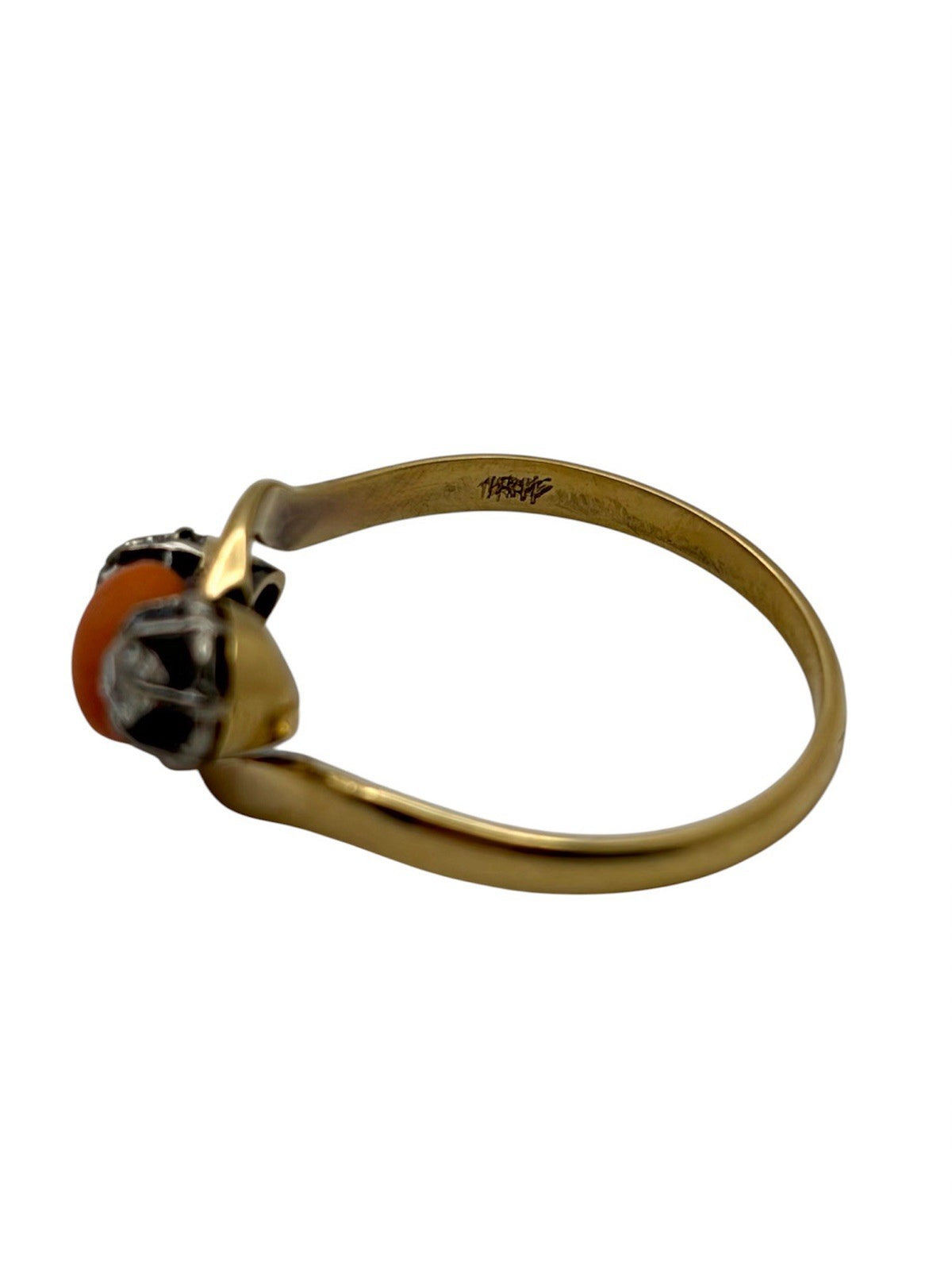 Antique Edwardian 18K Gold Natural Coral & Old Mine Cut Diamond Bypass Ring 6.75