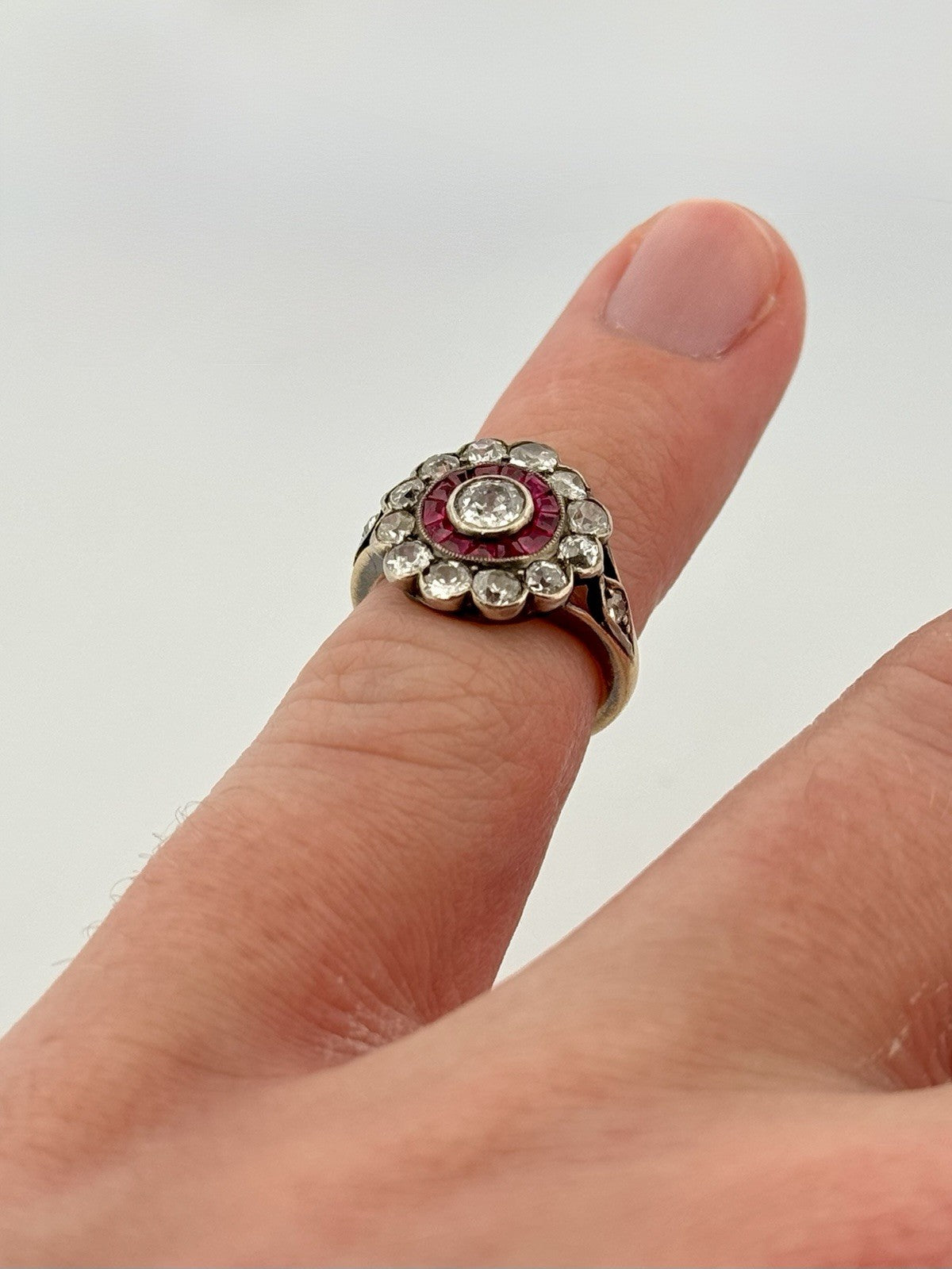 Antique Edwardian 14K Gold Silver Topped Natural Ruby & Diamond Halo Ring Size 3