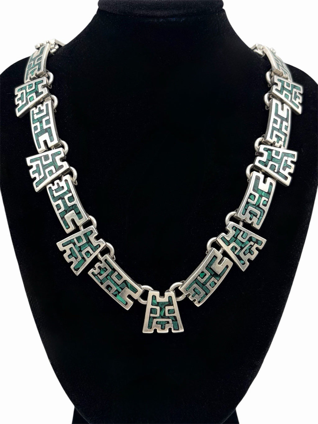 Taxco Mexico 925 Sterling Silver Malachite Inlay Geometric Necklace 17.5in