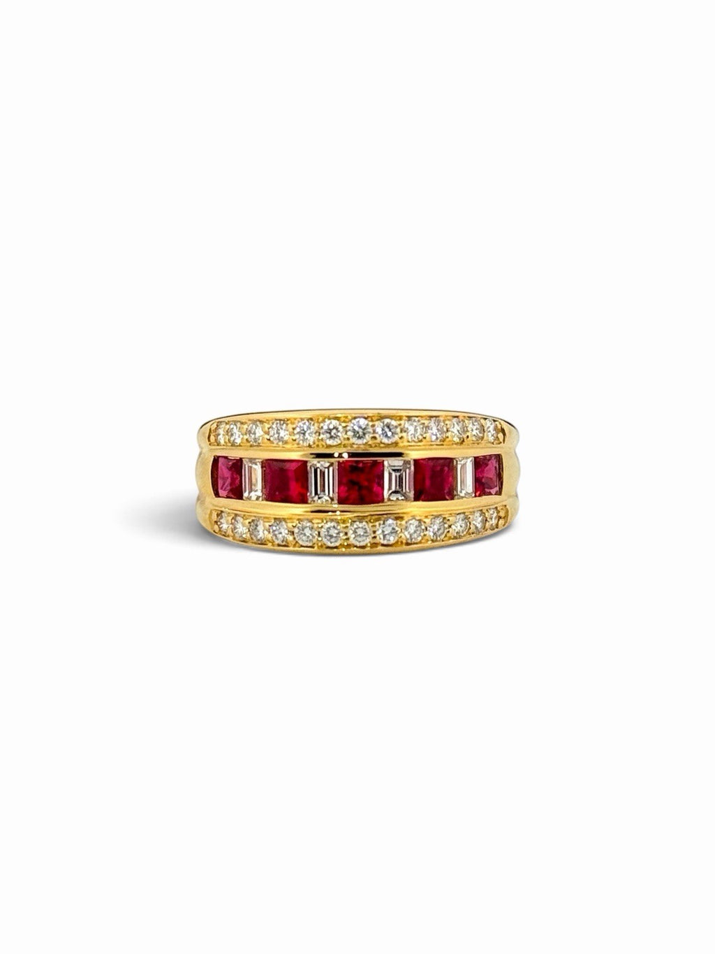 18K Yellow Gold Natural Ruby & Diamond Unique Band Ring Size 7.5 Estate