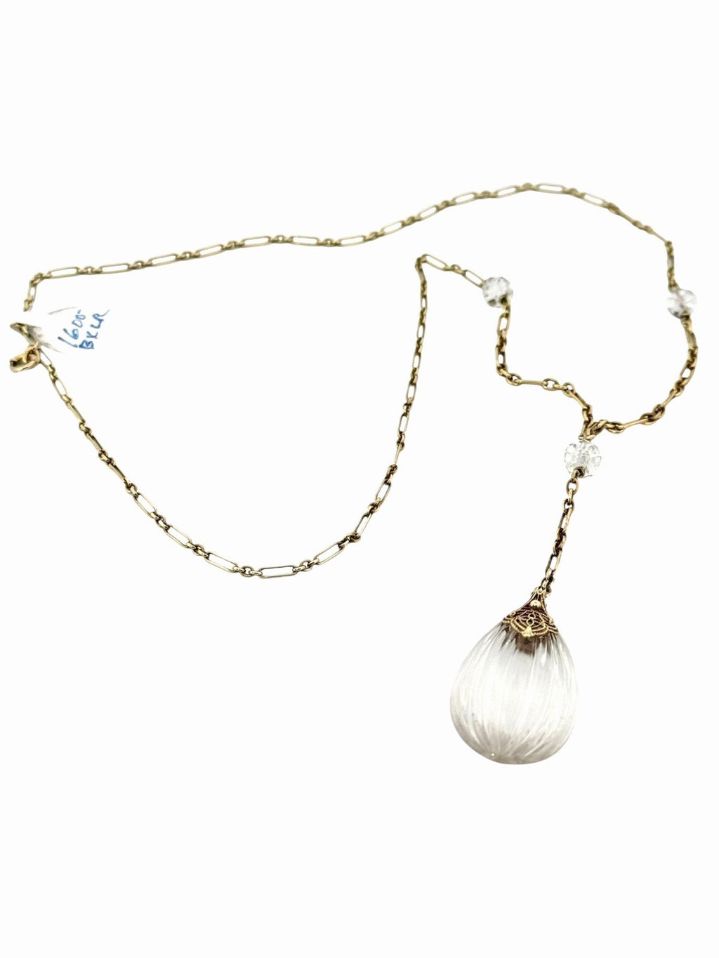 Antique Art Deco 14K Gold Rock Crystal Y Drop Lariat Necklace 18.5” c.1930