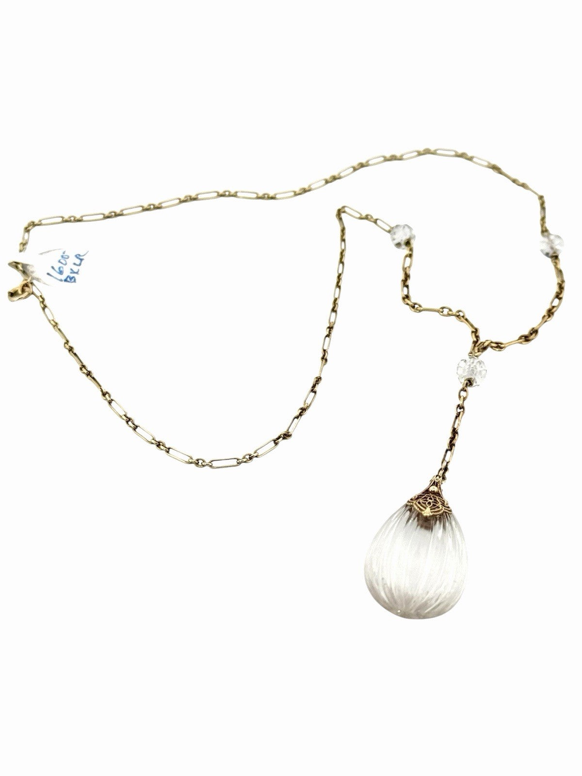 Antique Art Deco 14K Gold Rock Crystal Y Drop Lariat Necklace 18.5” c.1930