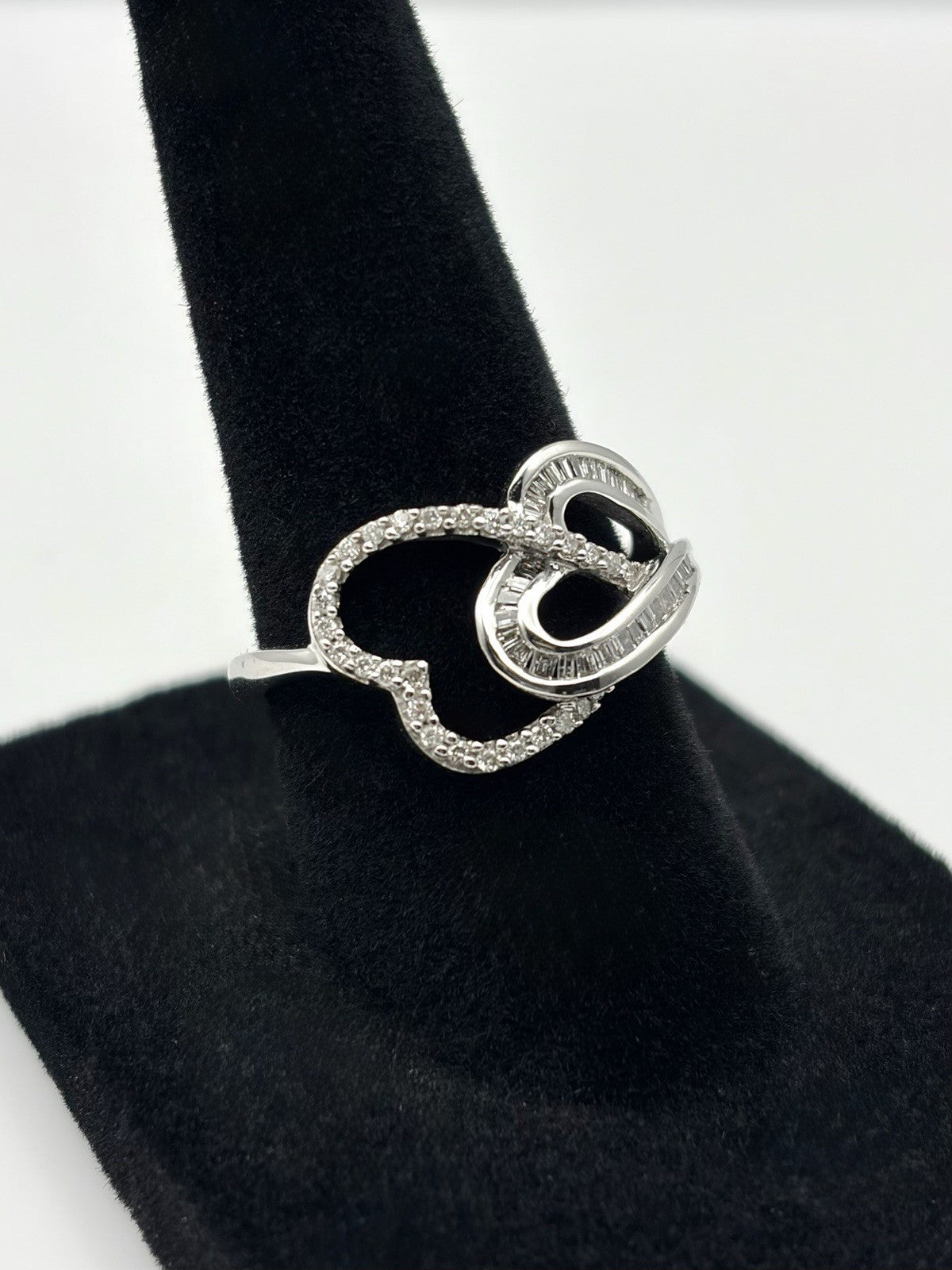 10K White Gold Natural Baguette & Round Diamond Double Open Heart Ring Size 7