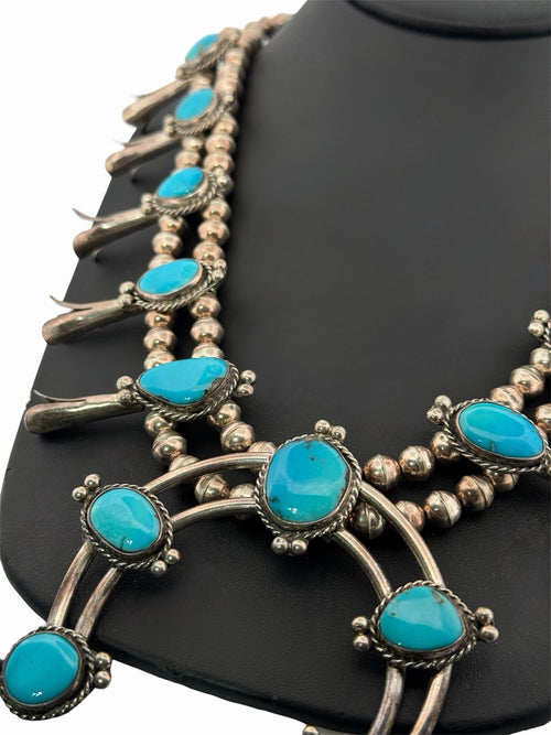 Vintage Turquoise Squash Blossom Naja 925 Sterling Silver Necklace 26in