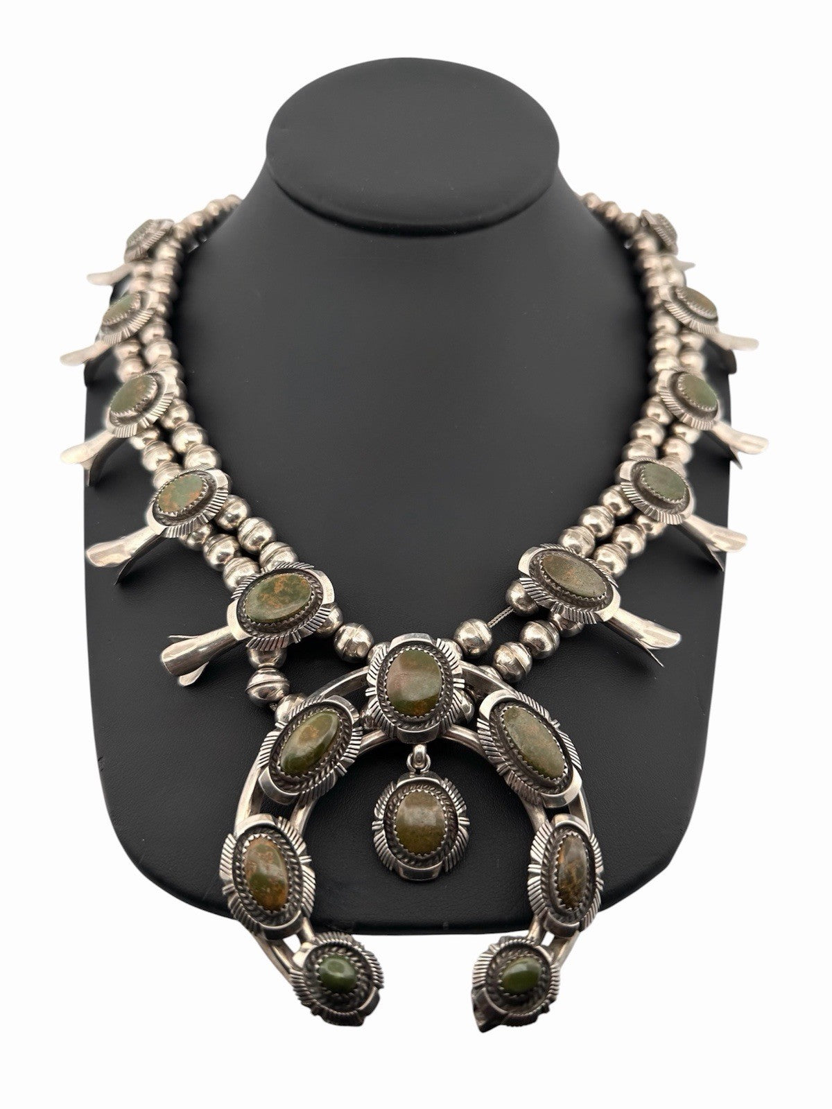 Vintage Navajo Sterling Silver Green Turquoise Squash Blossom Necklace 28”