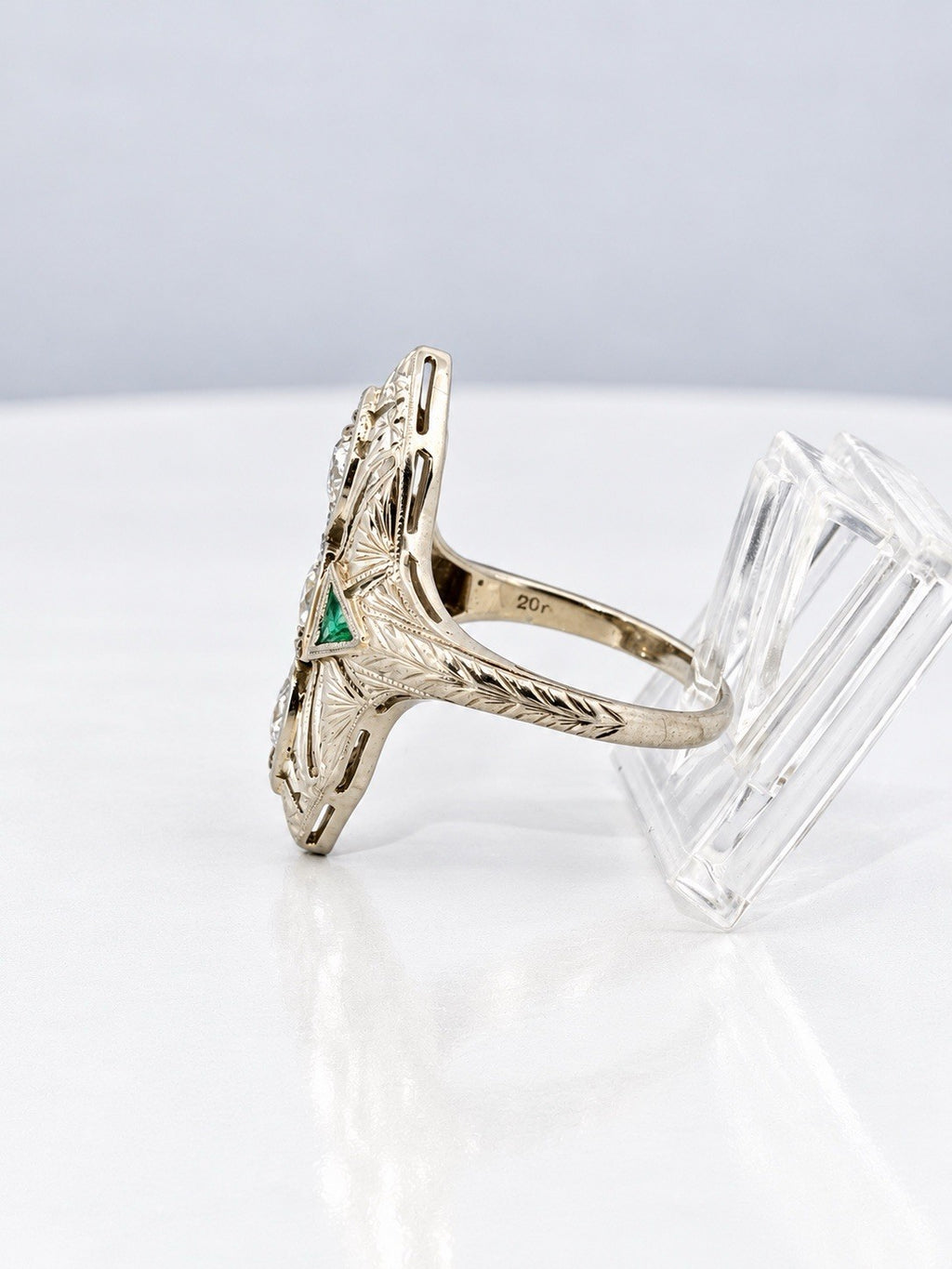 Antique Art Deco 20K White Gold Euro-Cut Diamond & Emerald Navette Ring Size 5.5