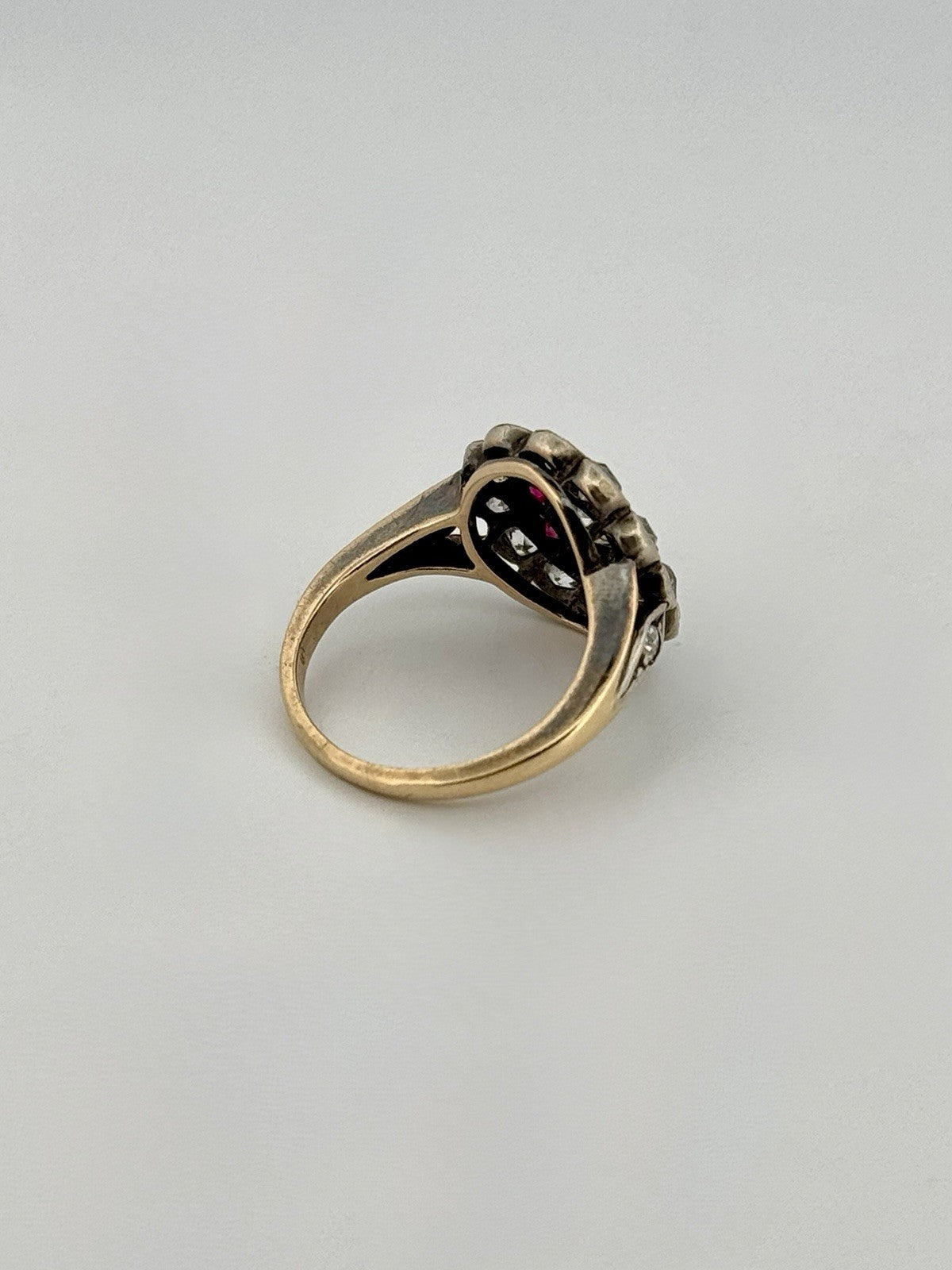 Antique Edwardian 14K Gold Silver Topped Natural Ruby & Diamond Halo Ring Size 3