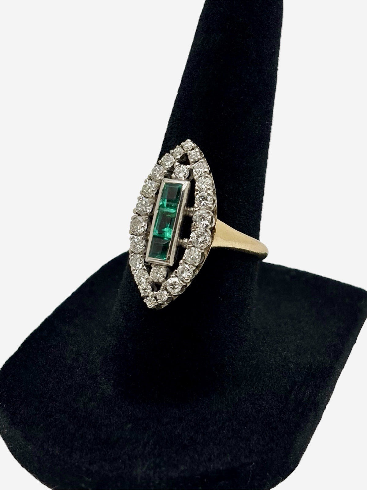 Vintage 14K Gold Platinum Natural Diamond & Emerald Art Deco Navette Ring Sz 6.5