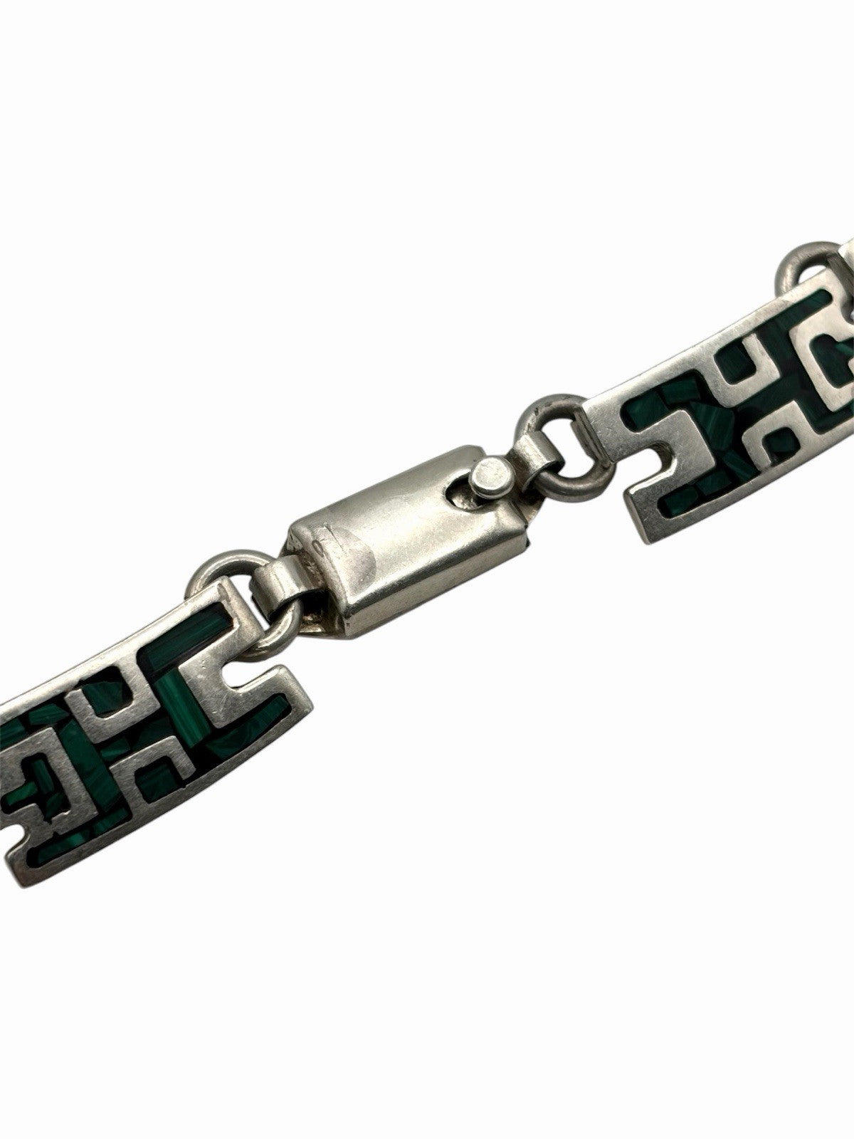 Taxco Mexico 925 Sterling Silver Malachite Inlay Geometric Necklace 17.5in