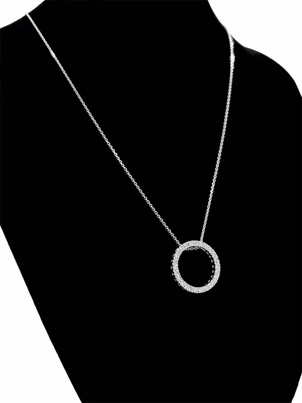 14K White Gold Natural Diamond Pavé Circle Halo Pendant Necklace 18” ~0.40 CTW