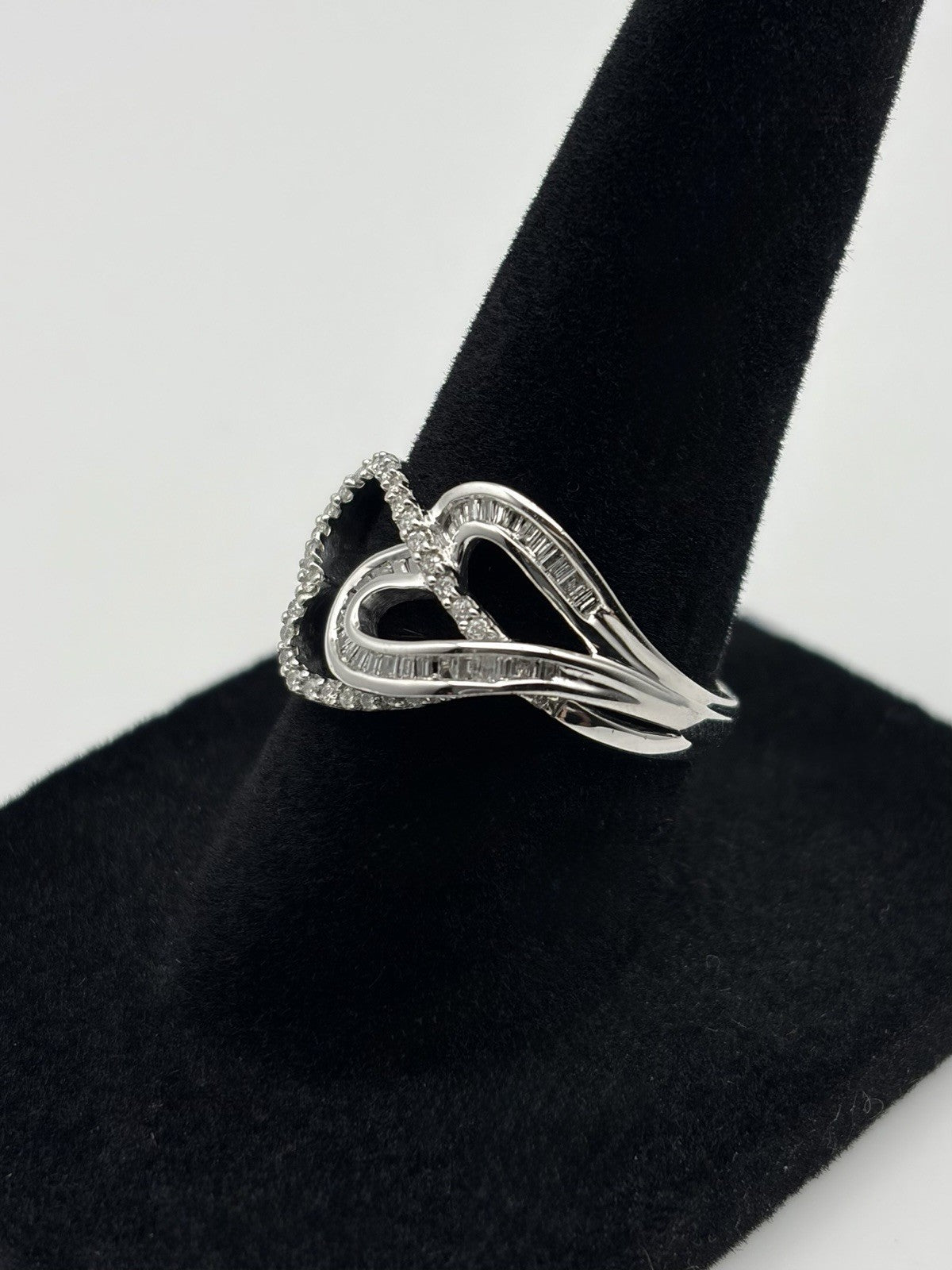 10K White Gold Natural Baguette & Round Diamond Double Open Heart Ring Size 7