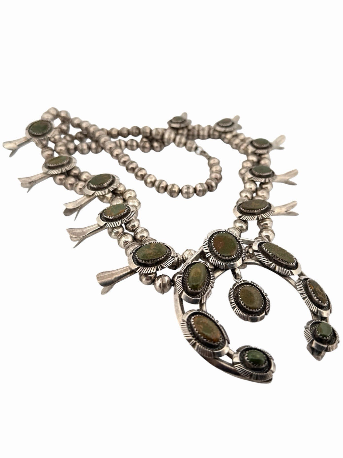 Vintage Navajo Sterling Silver Green Turquoise Squash Blossom Necklace 28”