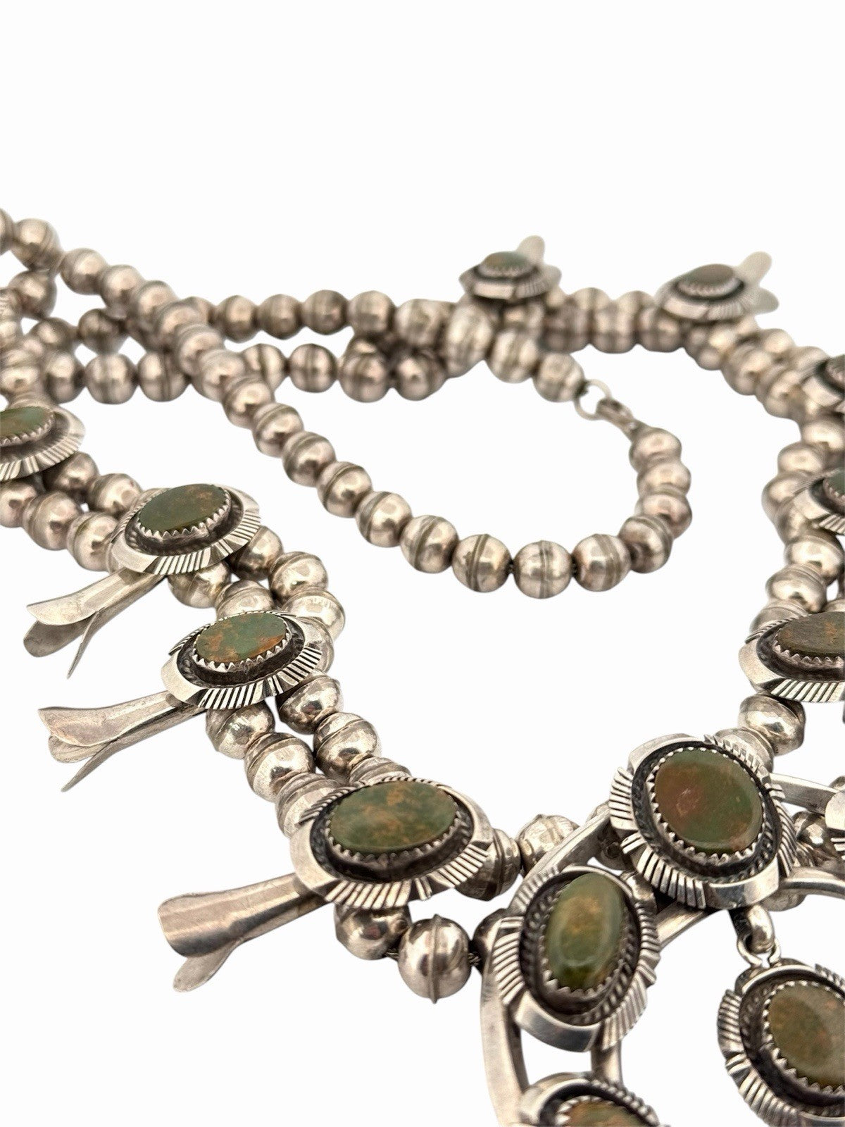 Vintage Navajo Sterling Silver Green Turquoise Squash Blossom Necklace 28”
