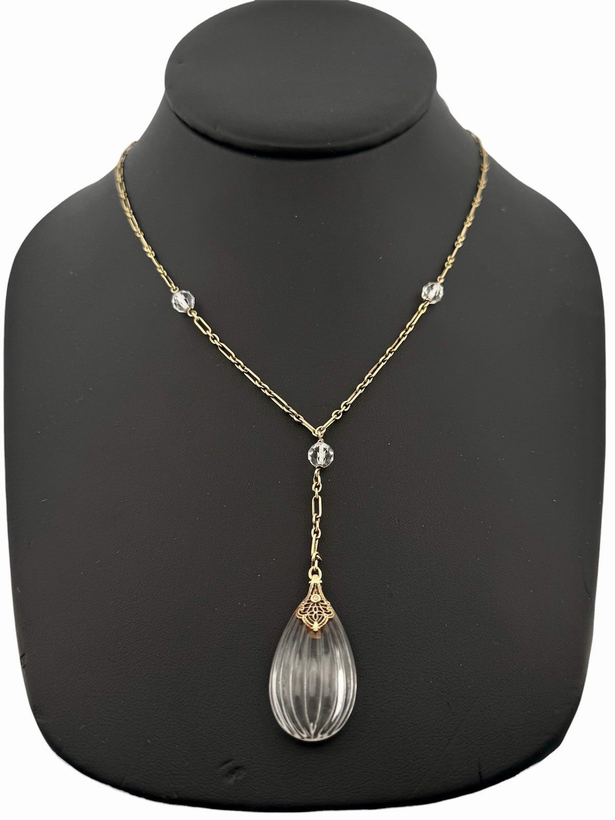 Antique Art Deco 14K Gold Rock Crystal Y Drop Lariat Necklace 18.5” c.1930
