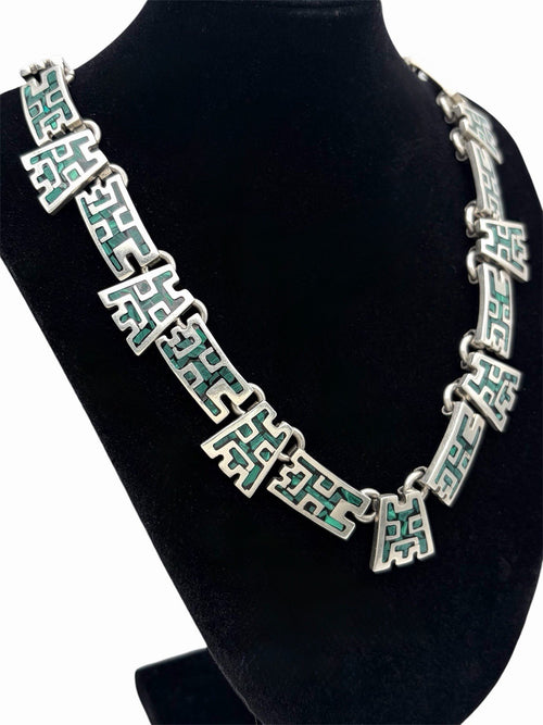 Taxco Mexico 925 Sterling Silver Malachite Inlay Geometric Necklace 17.5in